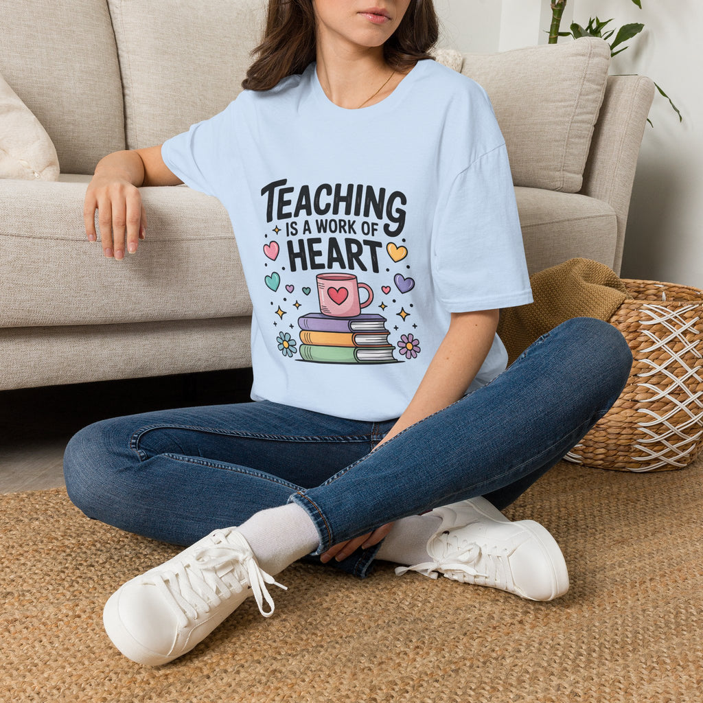 Teaching Is A Work Of Heart T-Shirt | Teacher Mug and Books Illustration