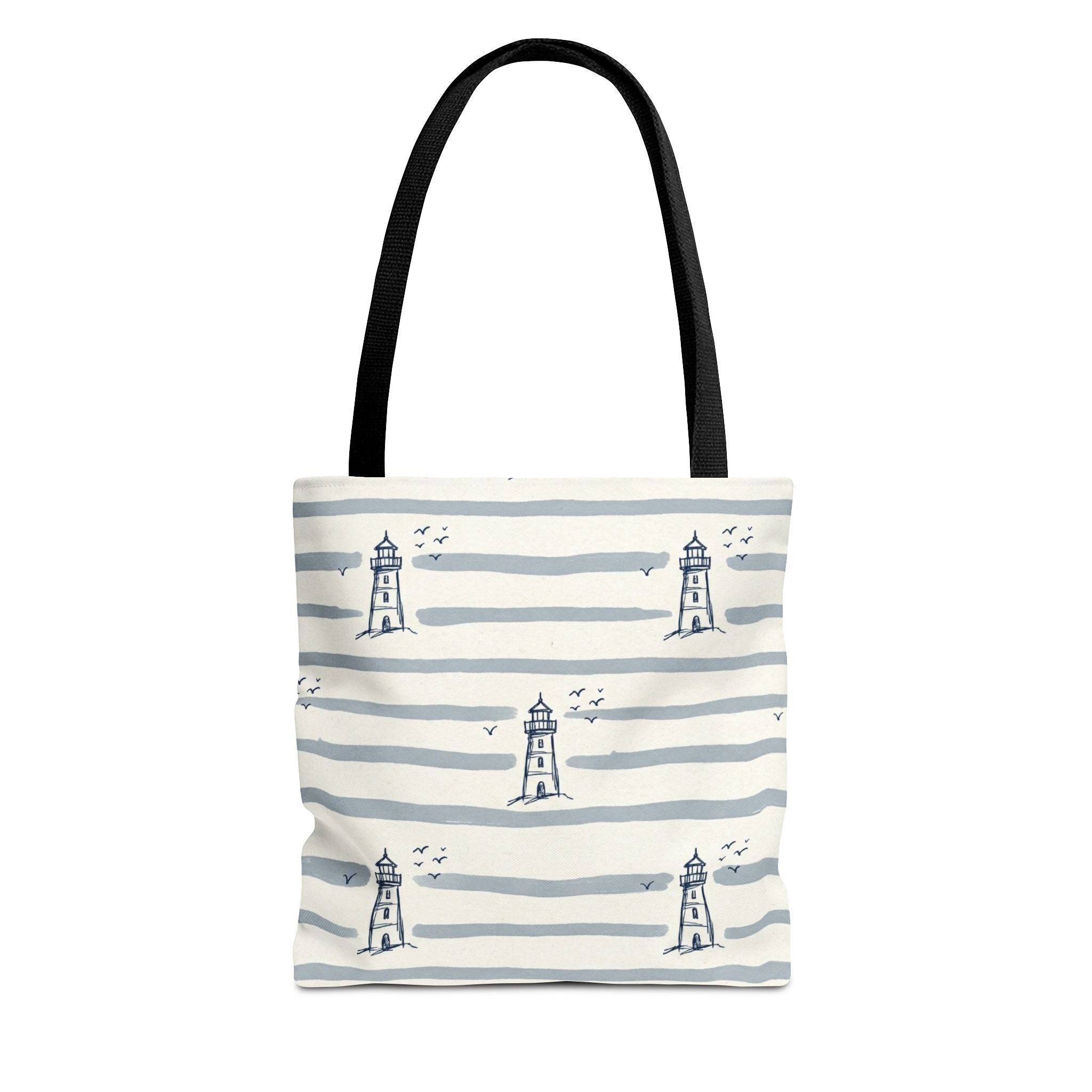 Nautical Lighthouse Pattern Tote Bag | Striped Coastal Beach Tote