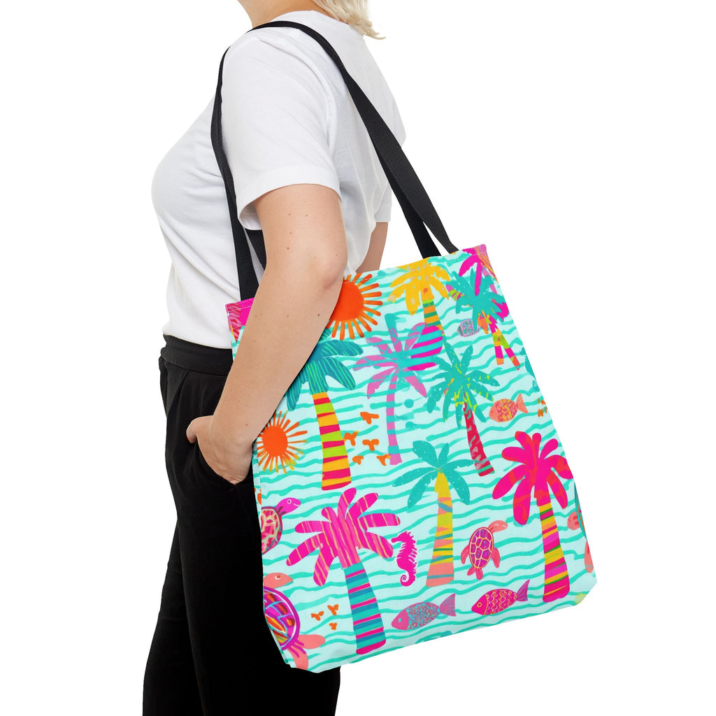 Tropical Palm Pattern Tote Bag | Colorful Beach Palms Stripe All-Over Print