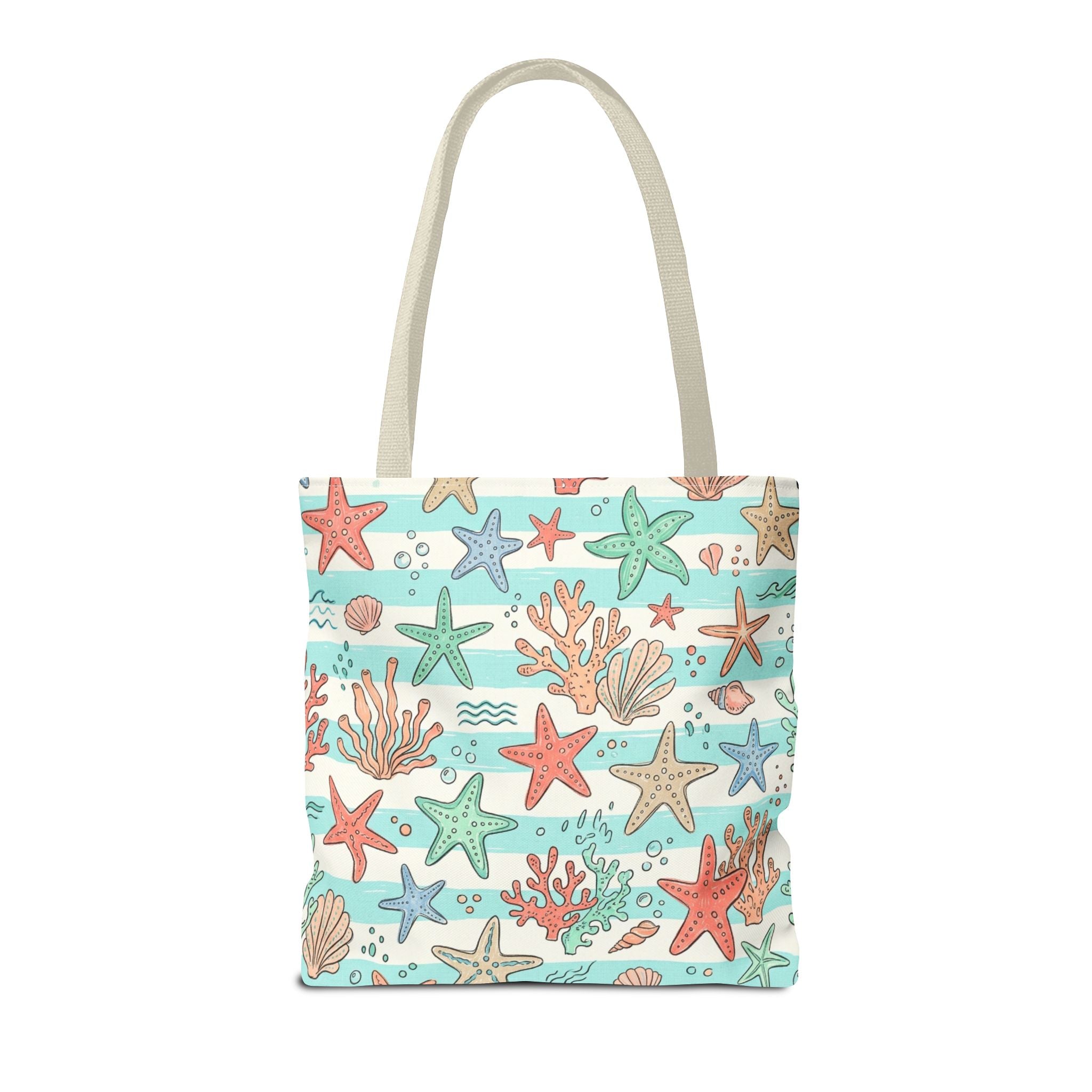 Starfish Coral Pattern Tote Bag | Beach Sea Life Striped Nautical Design