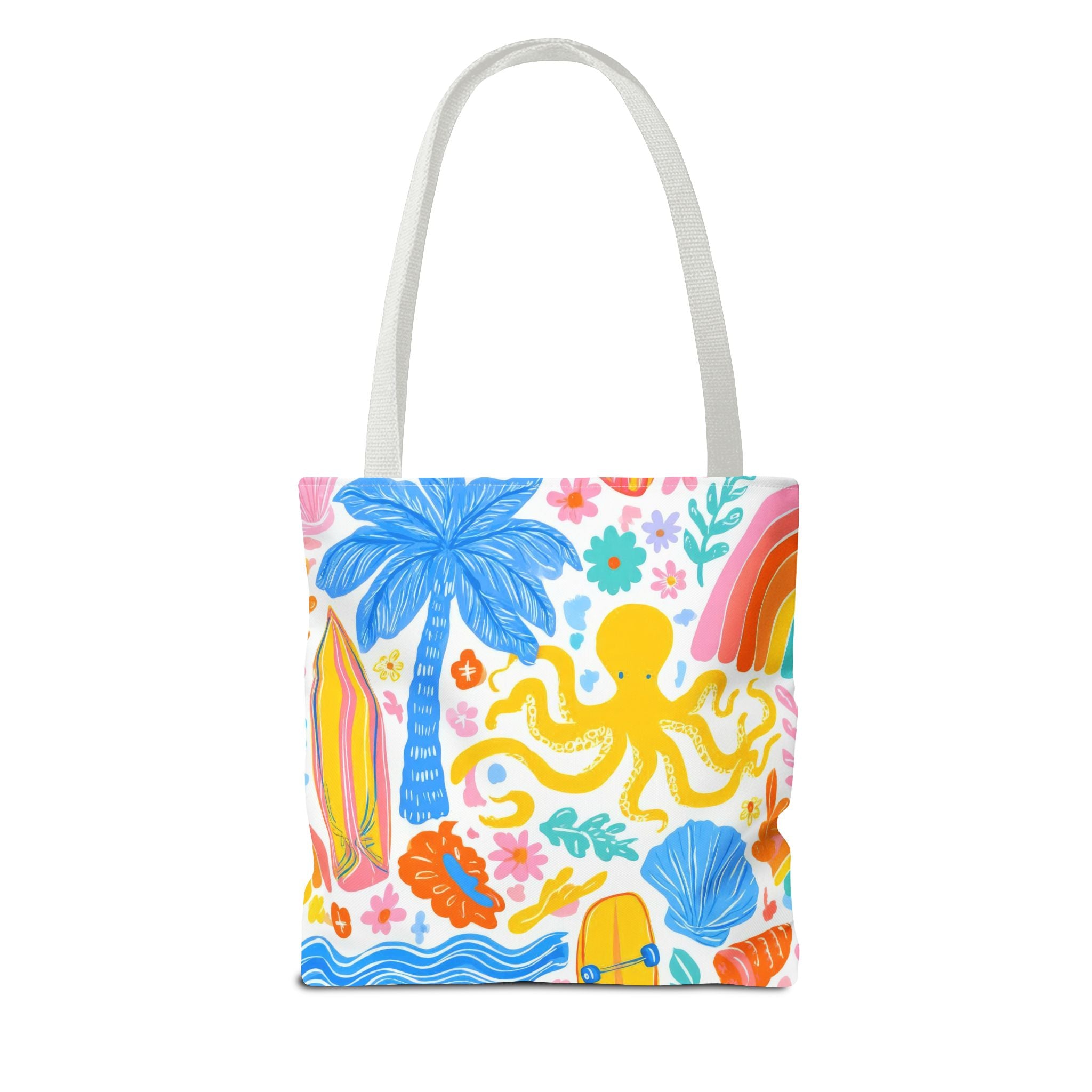 Colorful Beach Octopus Tote Bag | Tropical Palm, Surfboard, Rainbow Print