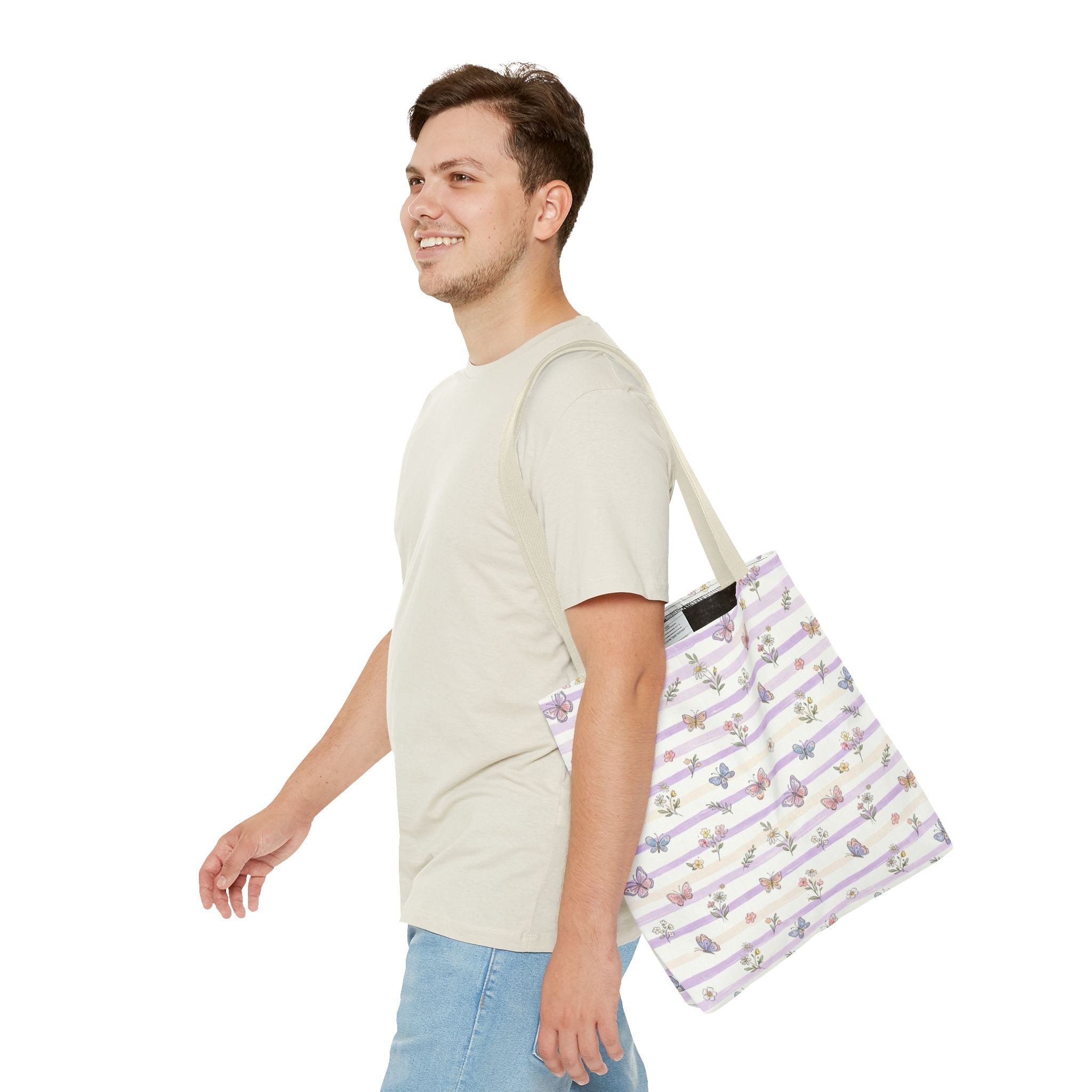 Pastel Butterfly Floral Stripe Tote
