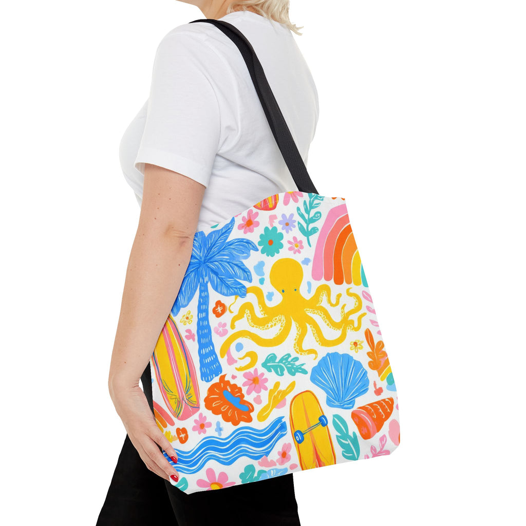 Colorful Beach Octopus Tote Bag | Tropical Palm, Surfboard, Rainbow Print