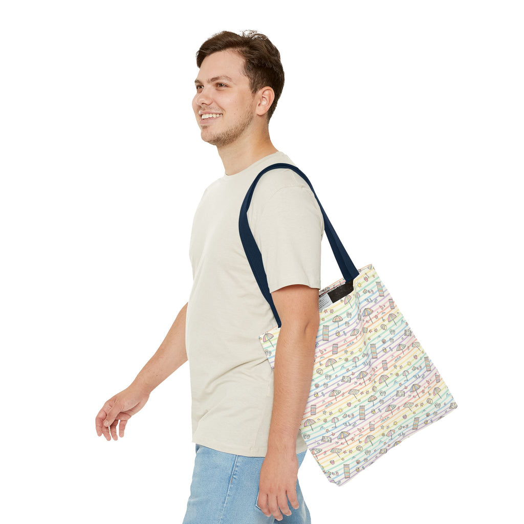 Pastel Beach Pattern Tote Bag | Seashells, Umbrellas, Flip Flops
