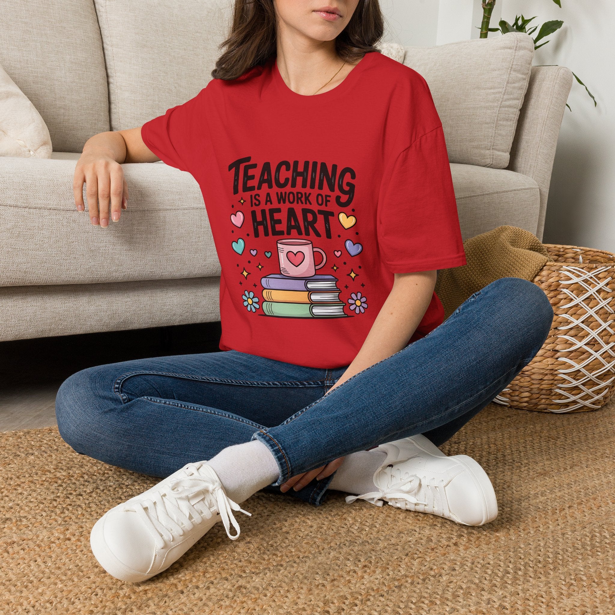 Teaching Is A Work Of Heart T-Shirt | Teacher Mug and Books Illustration