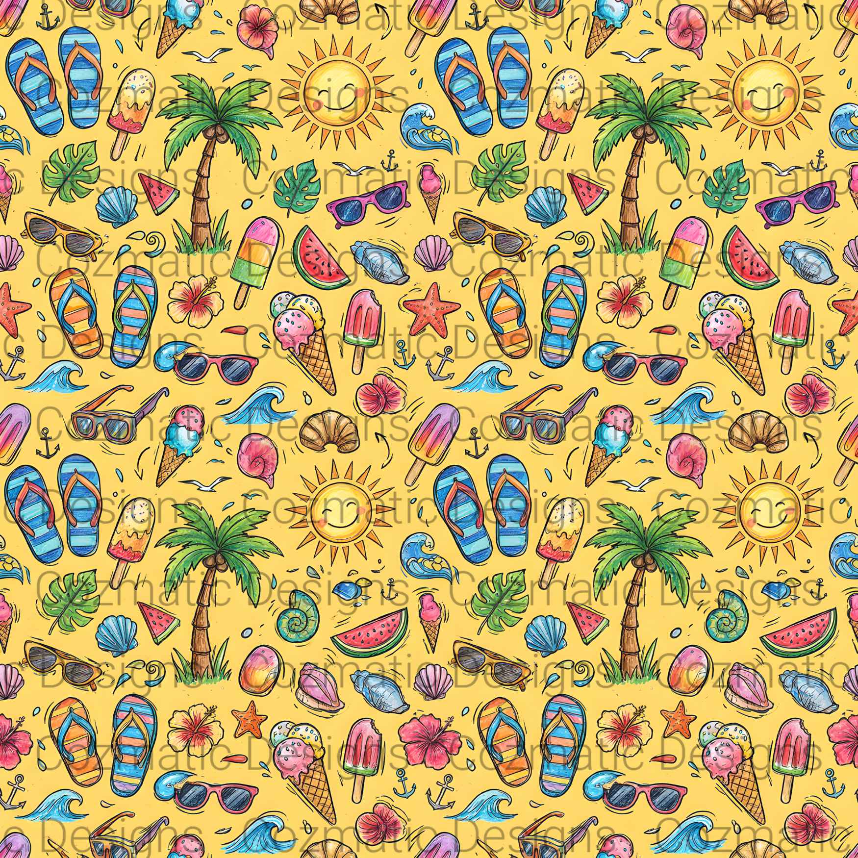 Summer Vacation Seamless Pattern PNG | Summer Icons | Digital Download for Sublimation & Crafts