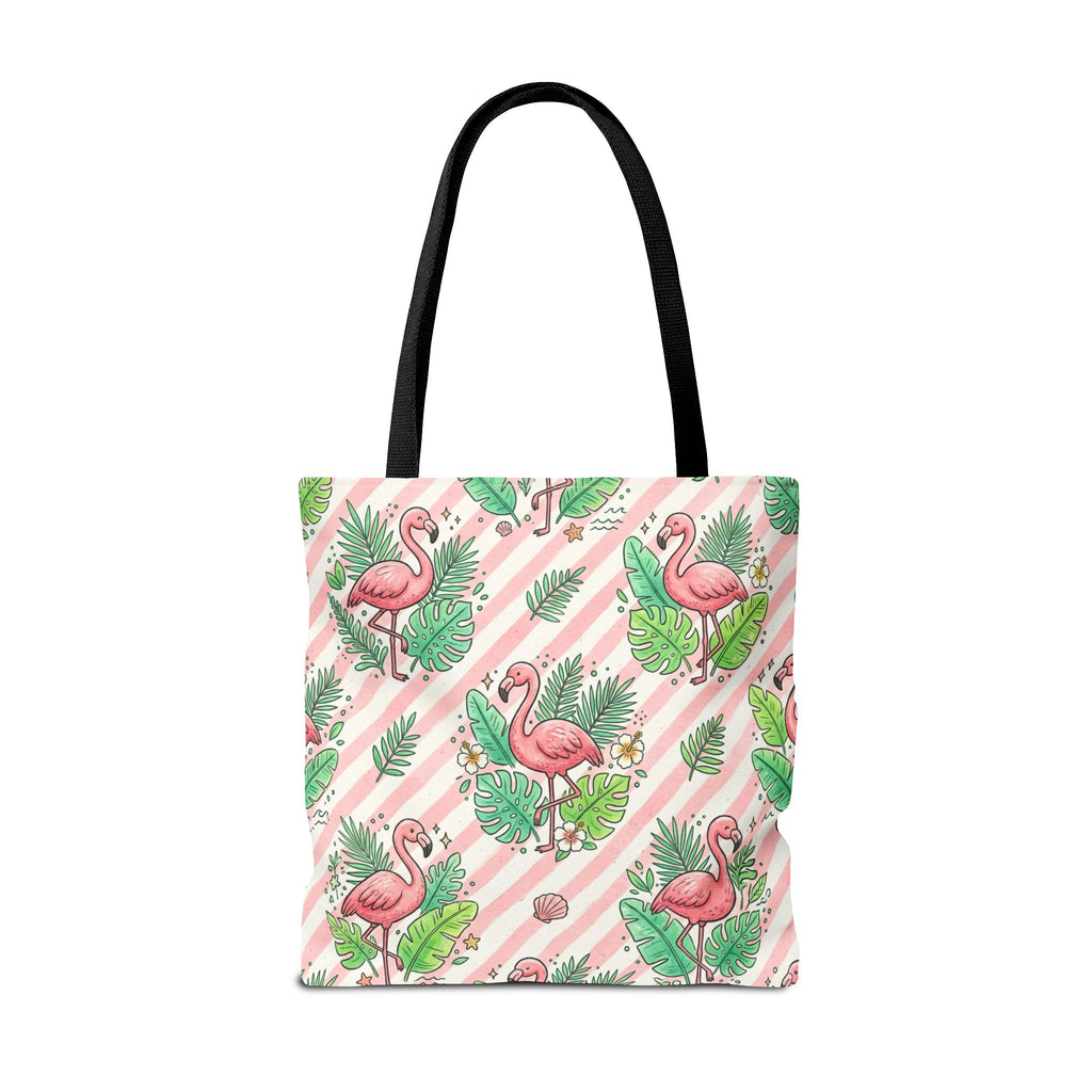 Pink Flamingo Pattern Tote Bag | Tropical Leaves Striped All-Over Print