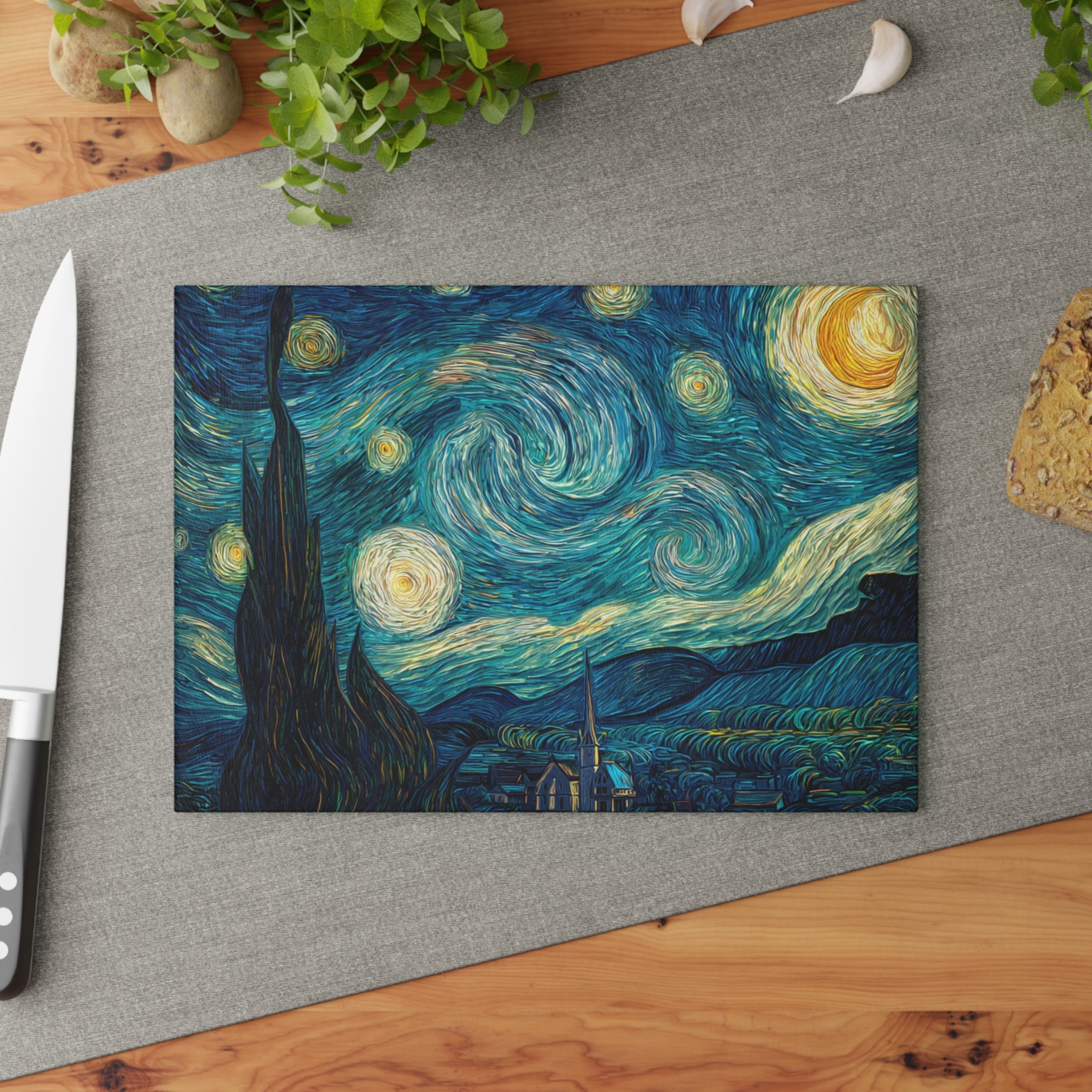 Starry Night artwork Glass Cutting Board | Van Gogh inspired kitchen decor
