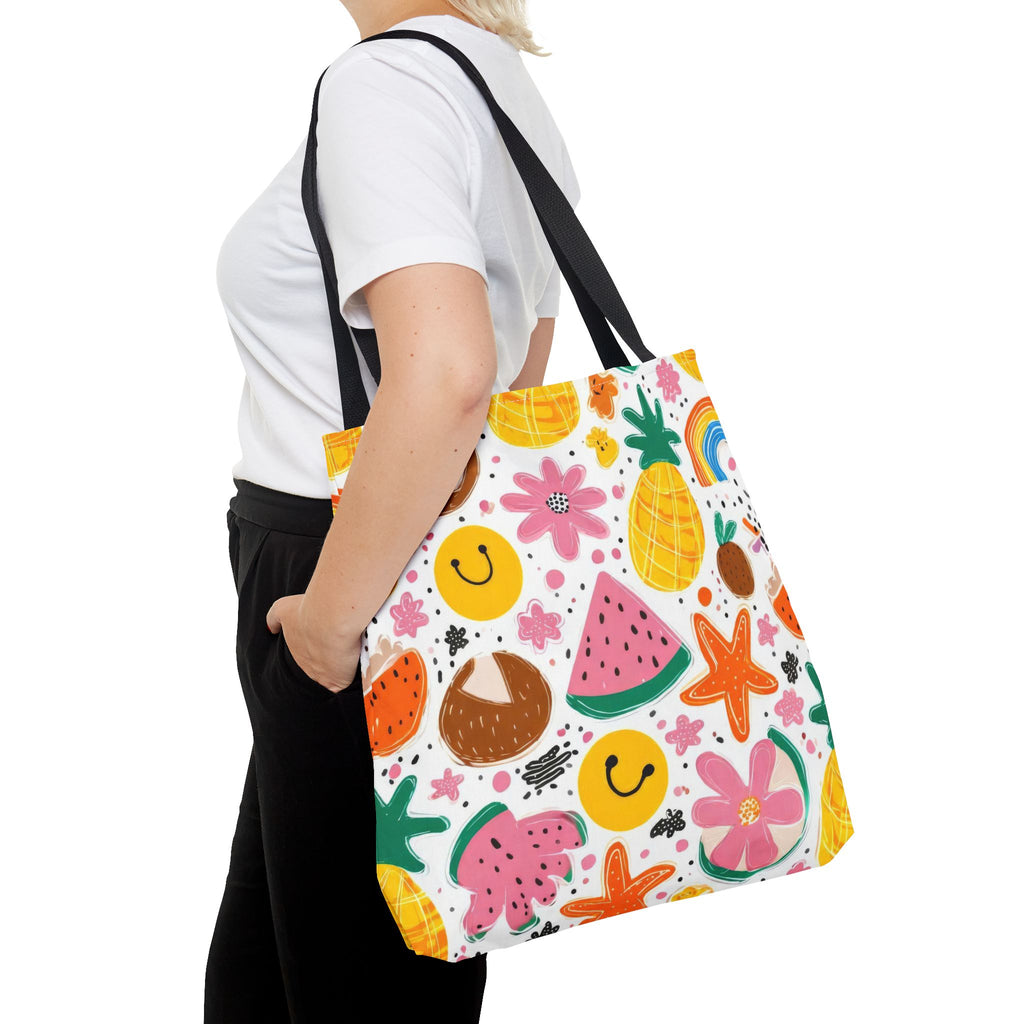Tropical Fruit Pattern Tote Bag | Pineapple Watermelon Coconut Smiley