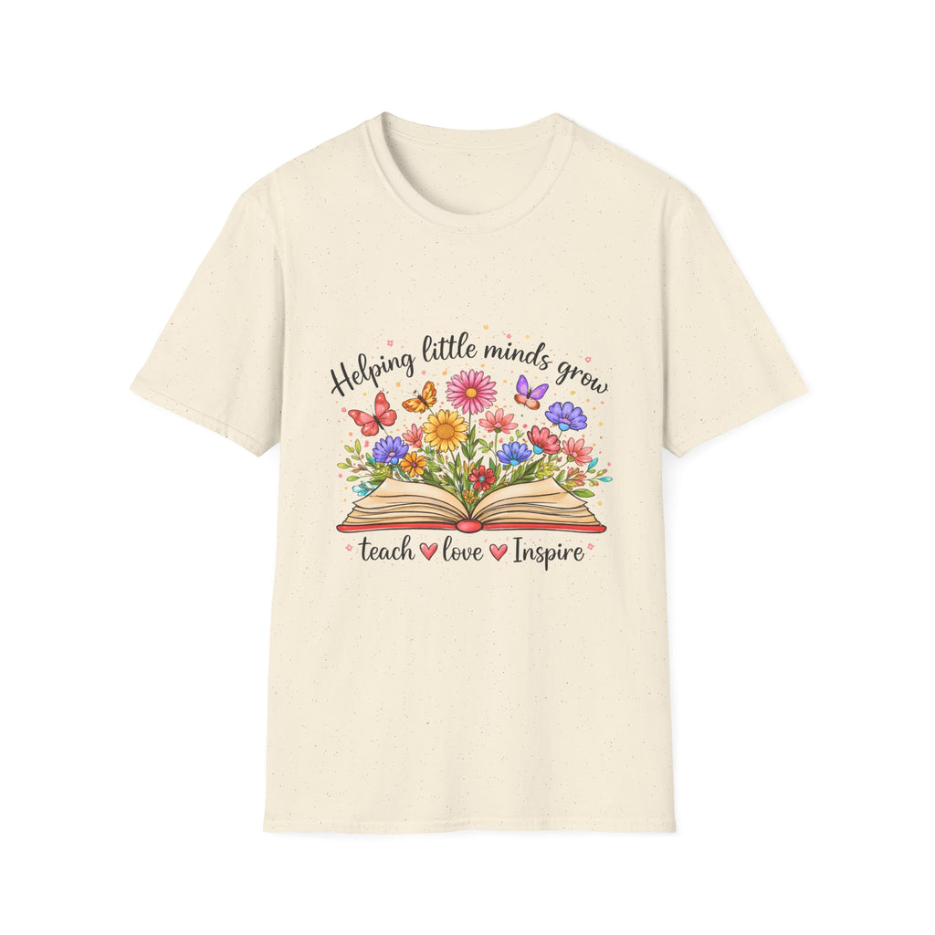 Helping Little Minds Grow T-Shirt | Teach Love Inspire, Floral Open Book Design