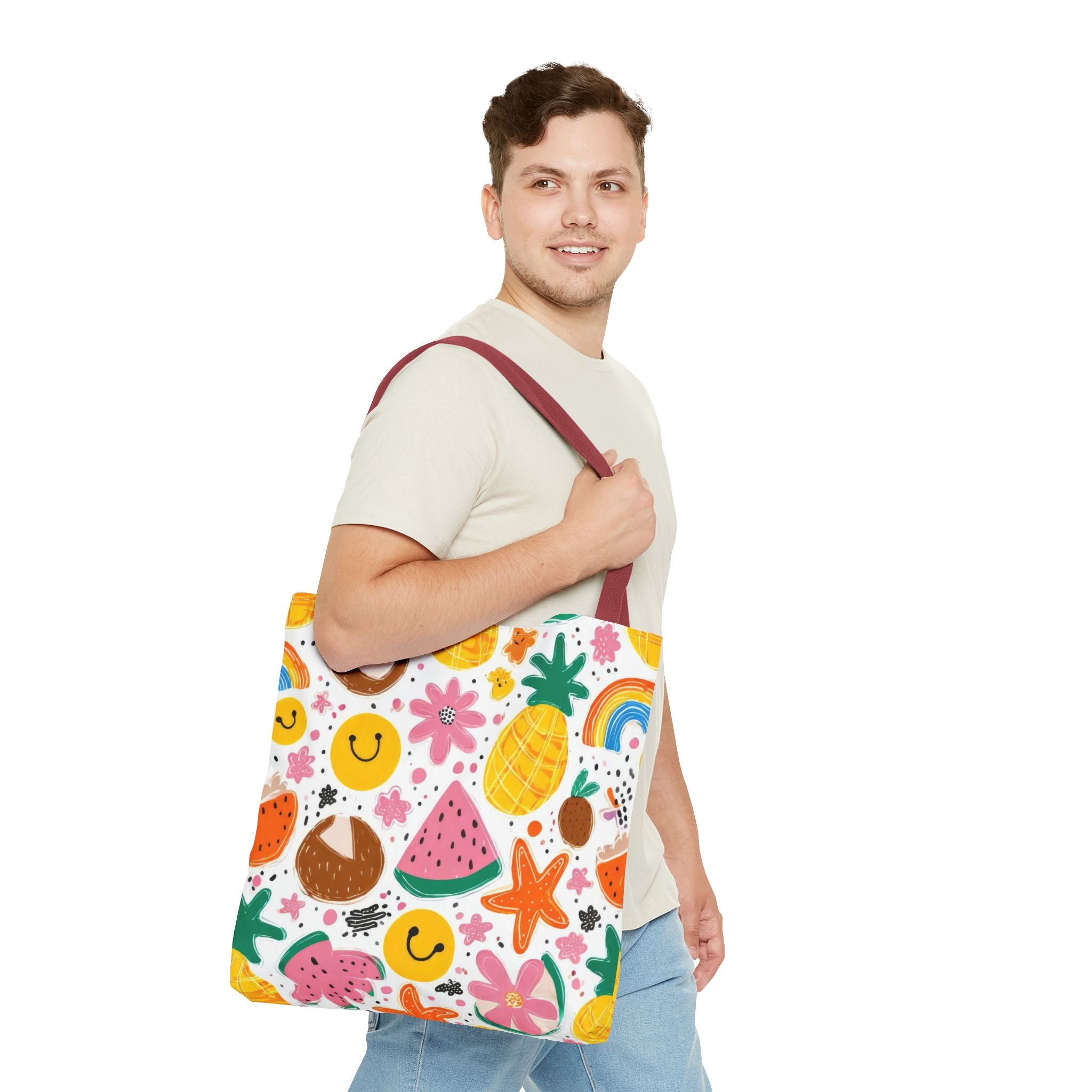 Tropical Fruit Pattern Tote Bag | Pineapple Watermelon Coconut Smiley