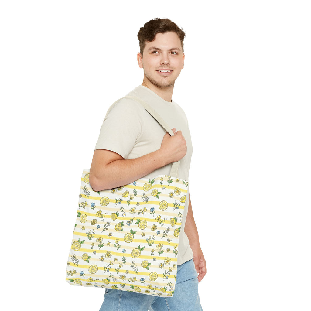 Lemon Stripe Pattern Tote Bag | Citrus Floral All-Over Print