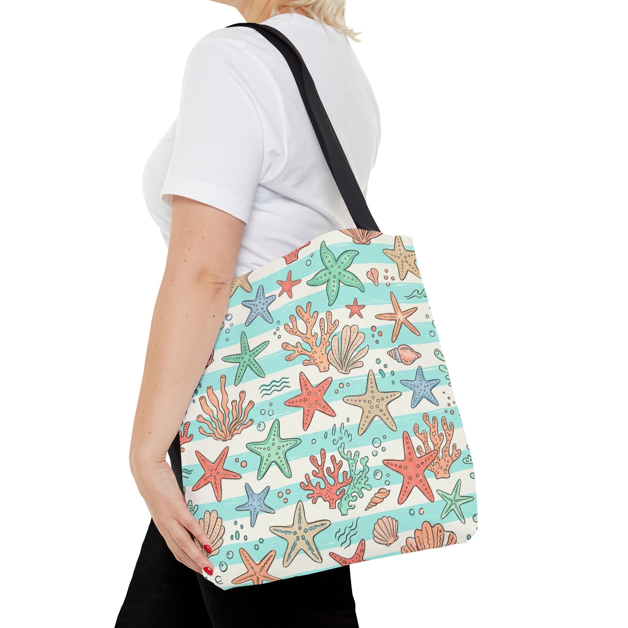 Starfish Coral Pattern Tote Bag | Beach Sea Life Striped Nautical Design