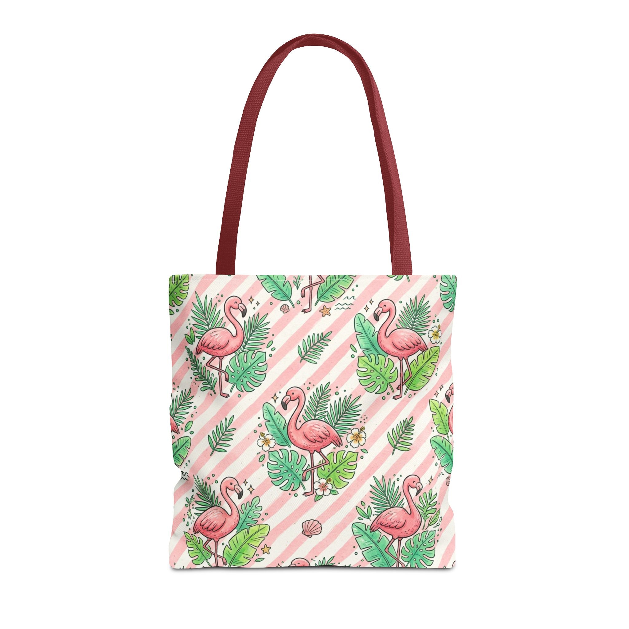 Pink Flamingo Pattern Tote Bag | Tropical Leaves Striped All-Over Print