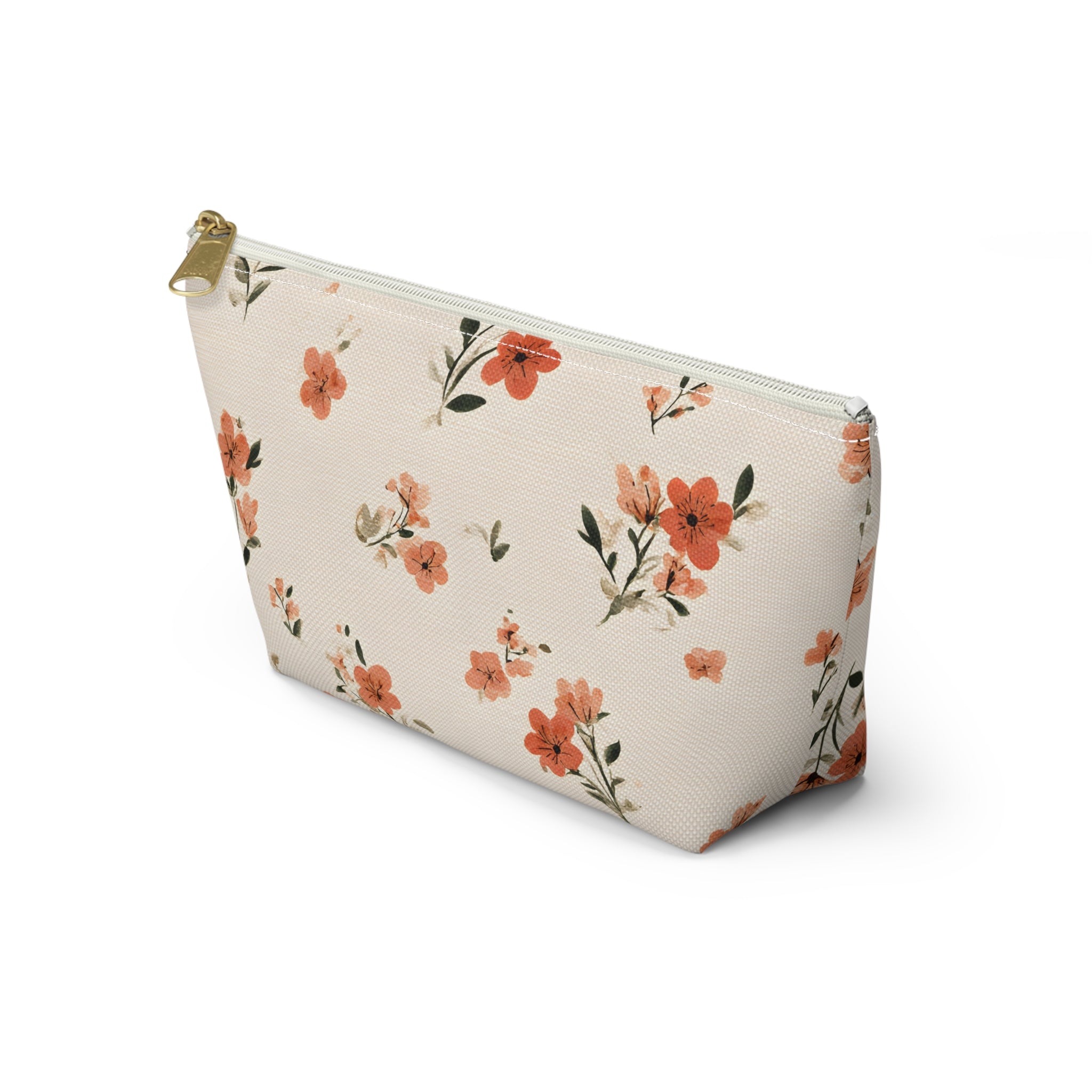 Peach Floral Print Accessory Pouch | T-Bottom Zipper Pouch