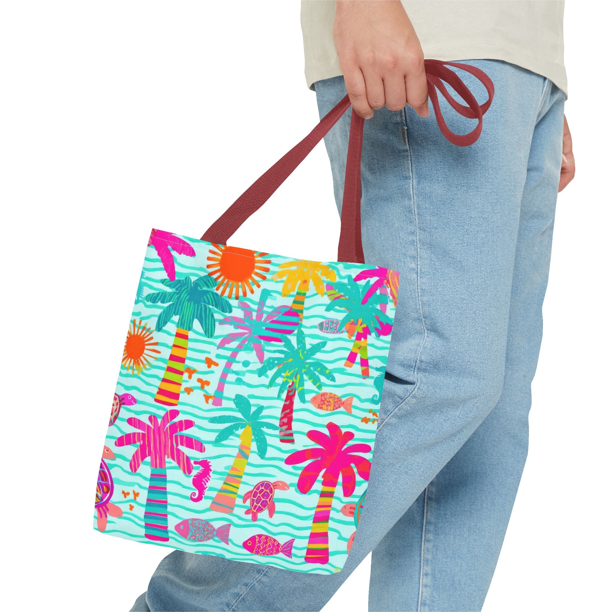 Tropical Palm Pattern Tote Bag | Colorful Beach Palms Stripe All-Over Print