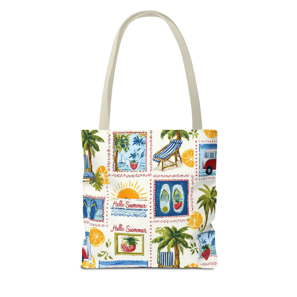 Hello Summer collage Tote Bag | beach palm trees flip flops camper van