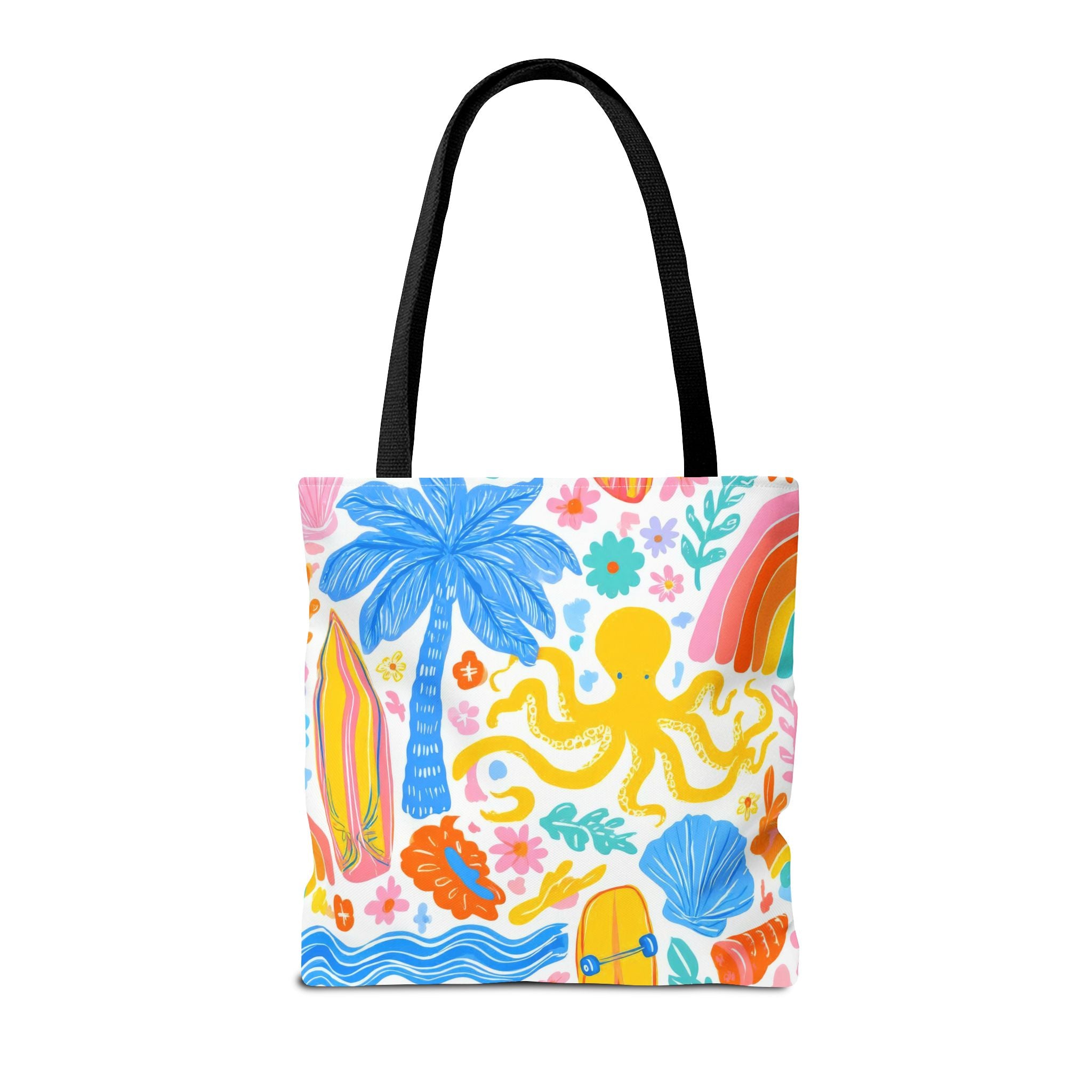 Colorful Beach Octopus Tote Bag | Tropical Palm, Surfboard, Rainbow Print