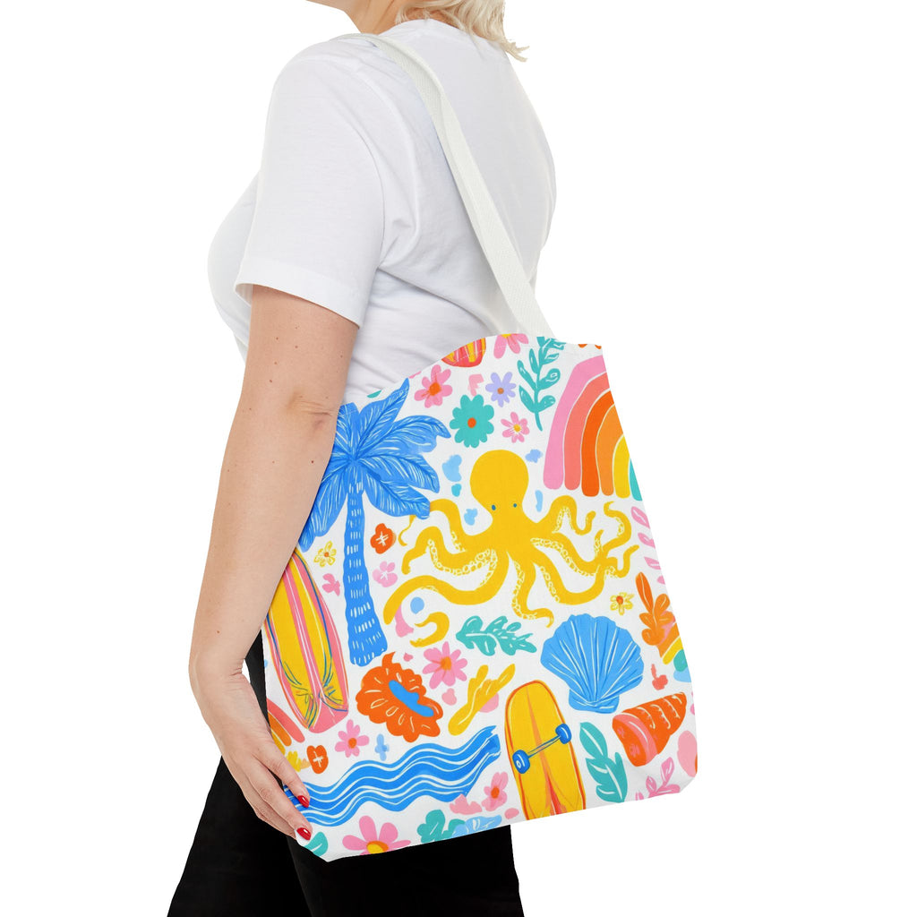 Colorful Beach Octopus Tote Bag | Tropical Palm, Surfboard, Rainbow Print