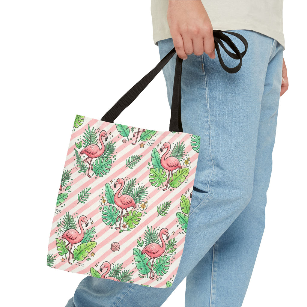 Pink Flamingo Pattern Tote Bag | Tropical Leaves Striped All-Over Print