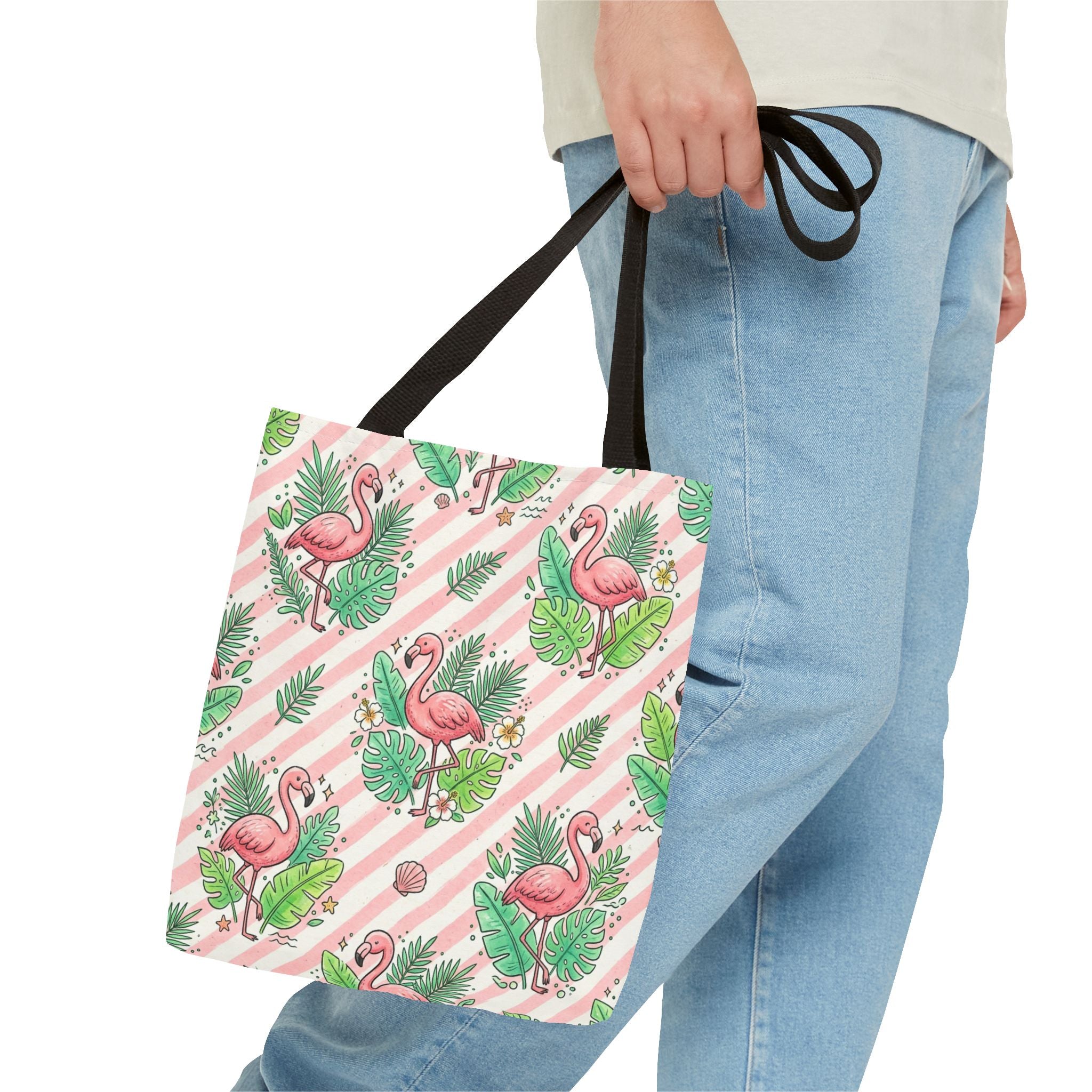 Pink Flamingo Pattern Tote Bag | Tropical Leaves Striped All-Over Print
