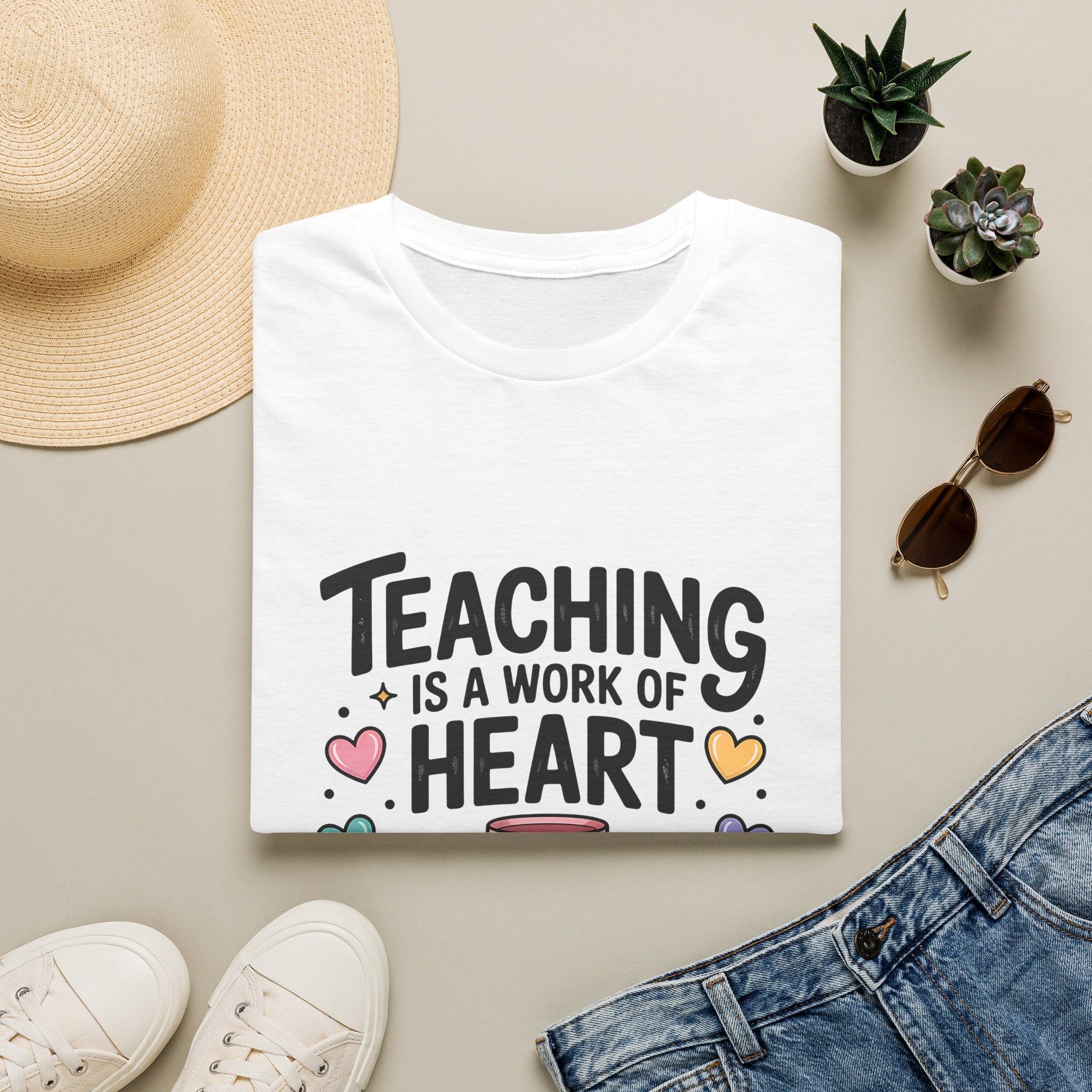 Teaching Is A Work Of Heart T-Shirt | Teacher Mug and Books Illustration