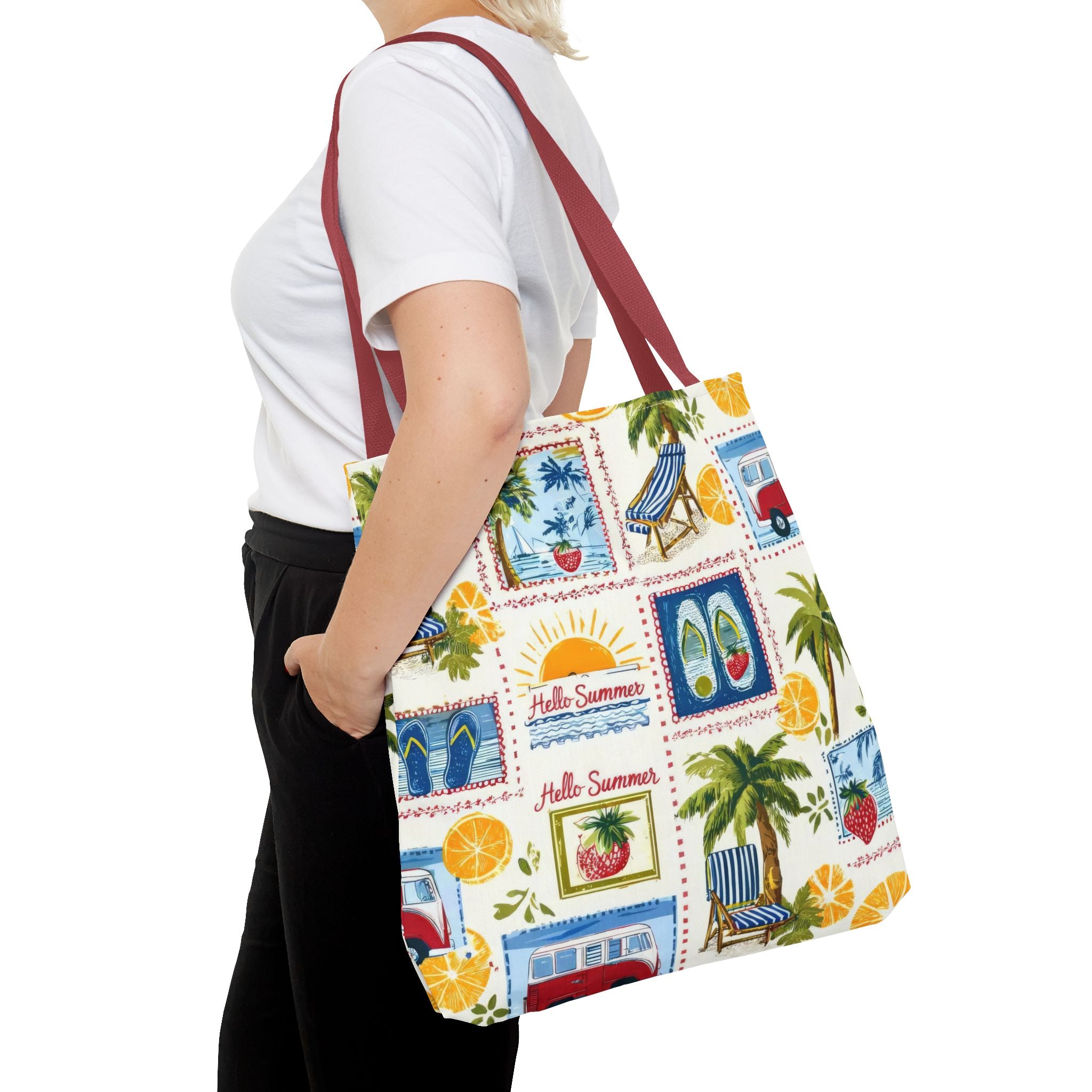 Hello Summer collage Tote Bag | beach palm trees flip flops camper van