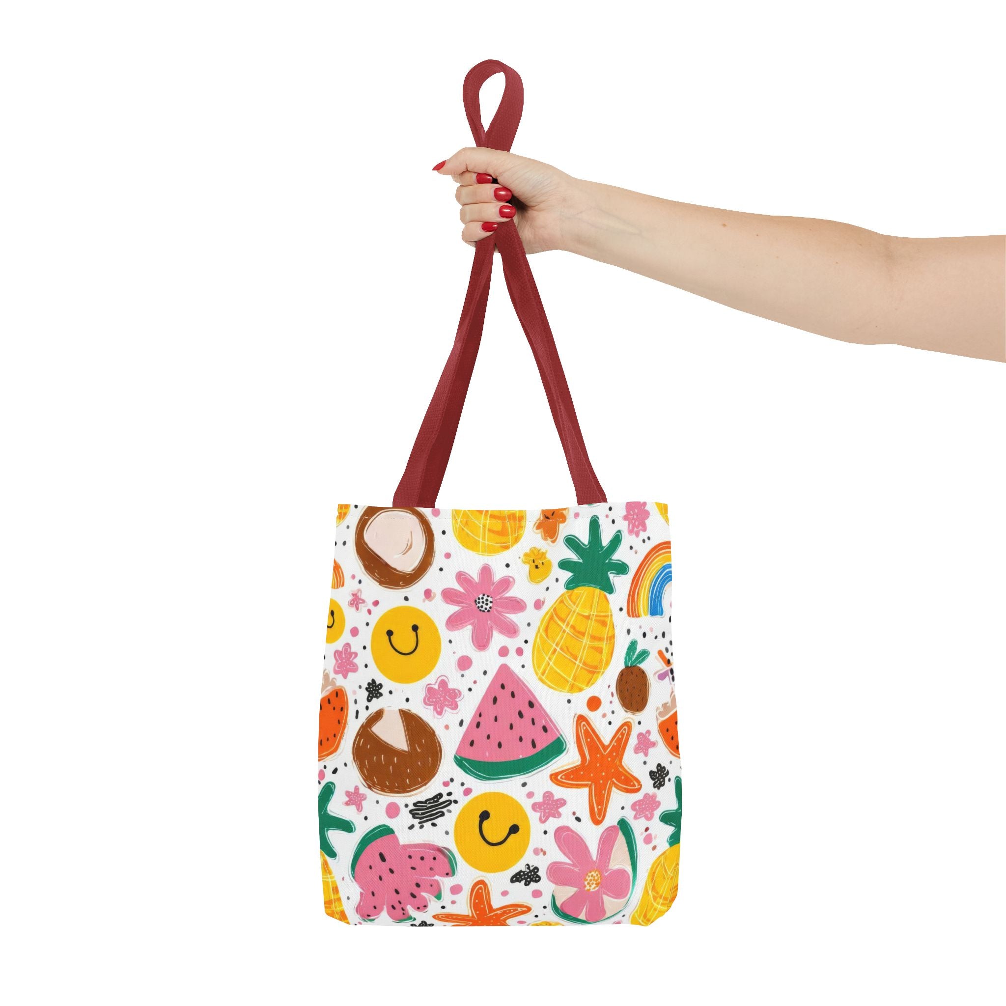 Tropical Fruit Pattern Tote Bag | Pineapple Watermelon Coconut Smiley