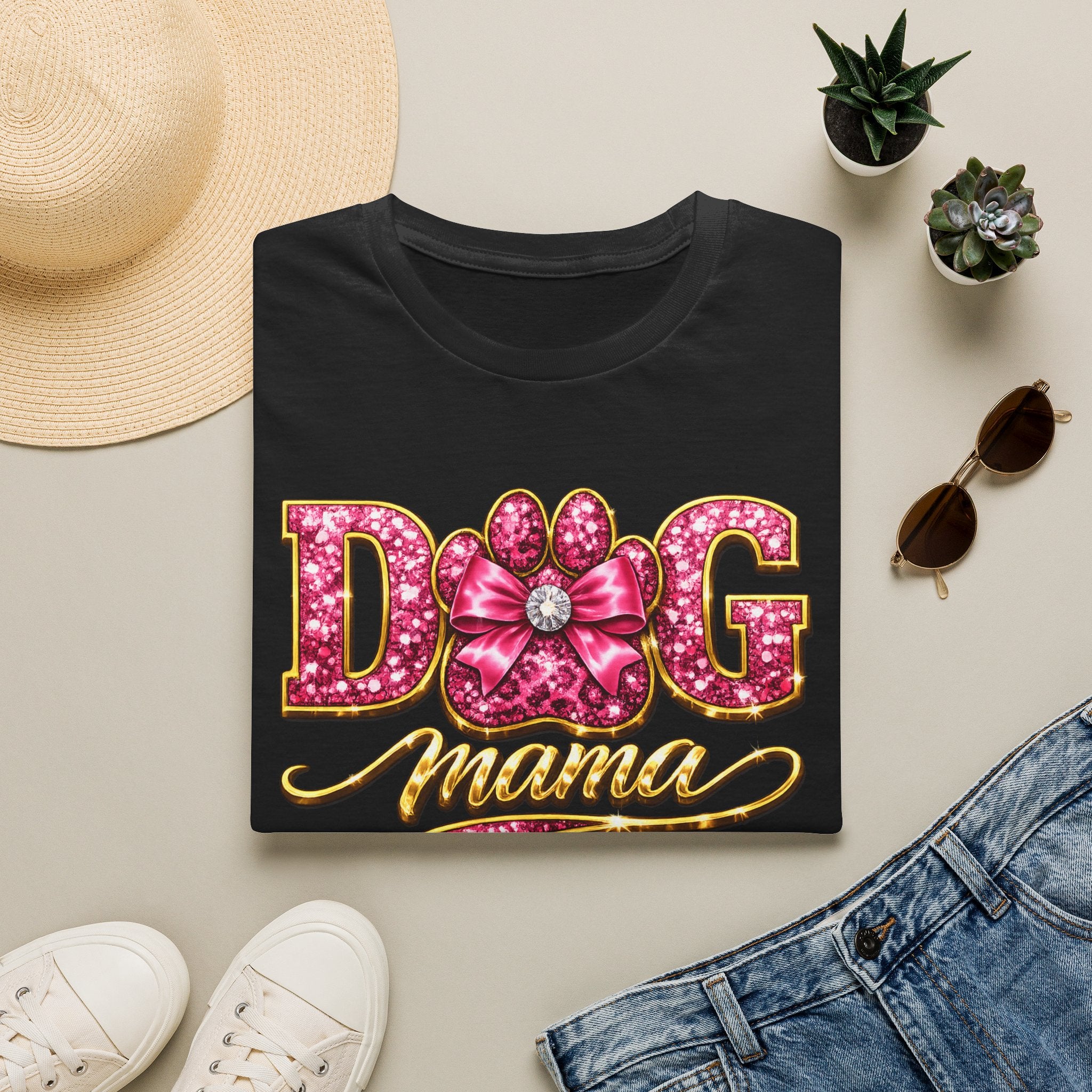 Dog Mama paw print design T-Shirt | pink glitter letters