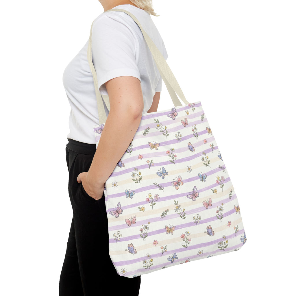 Pastel Butterfly Floral Stripe Tote
