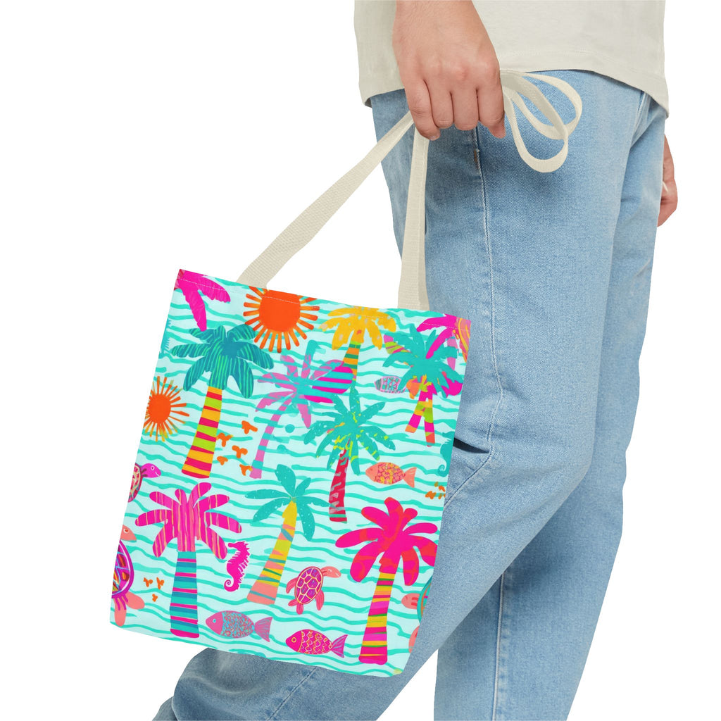 Tropical Palm Pattern Tote Bag | Colorful Beach Palms Stripe All-Over Print