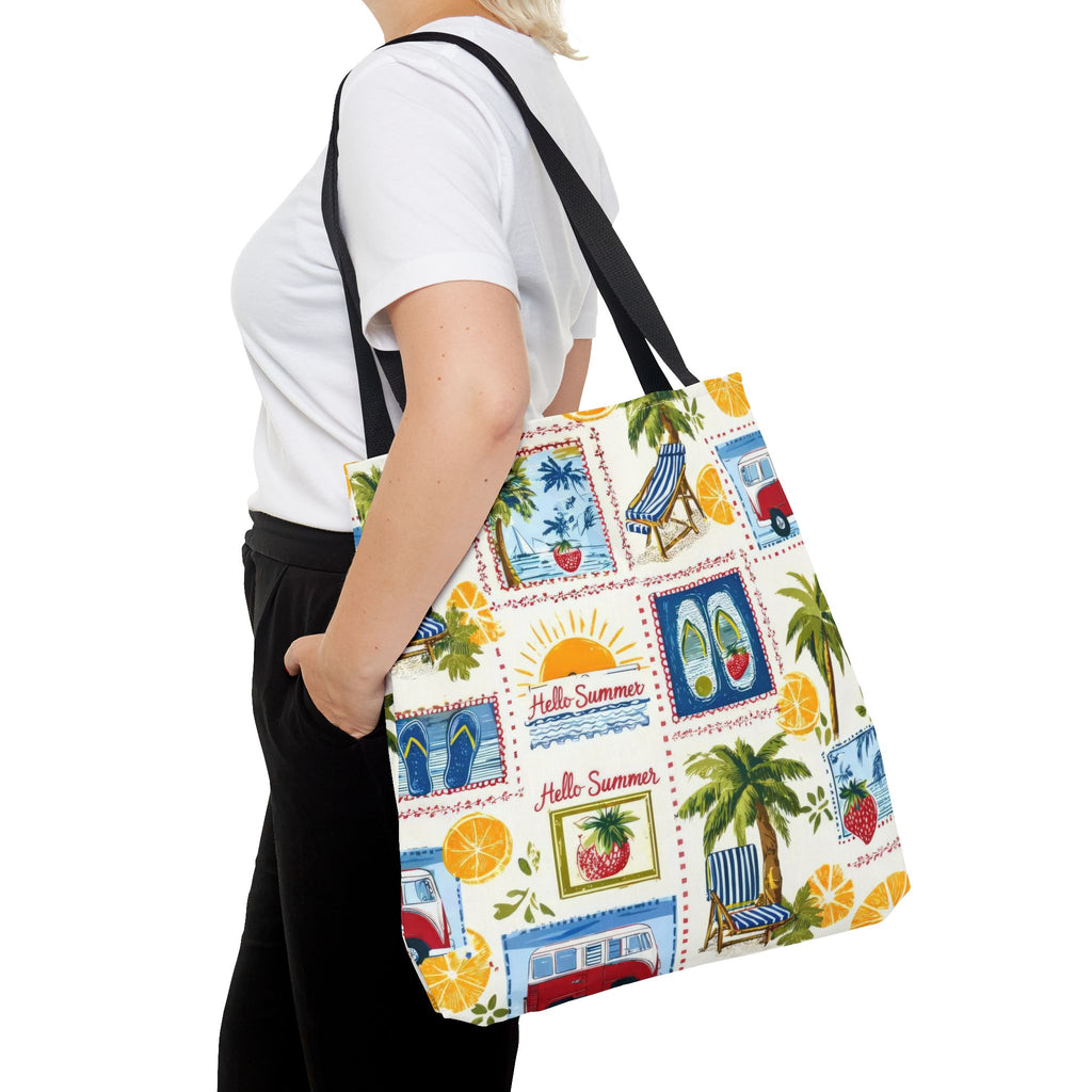 Hello Summer collage Tote Bag | beach palm trees flip flops camper van