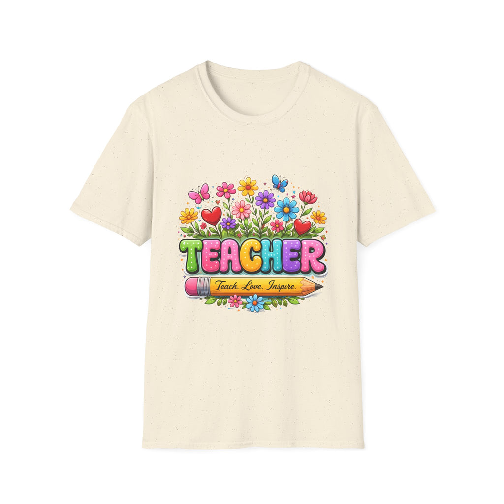 Teacher floral pencil design T-Shirt | Teach Love Inspire, colorful school shirt