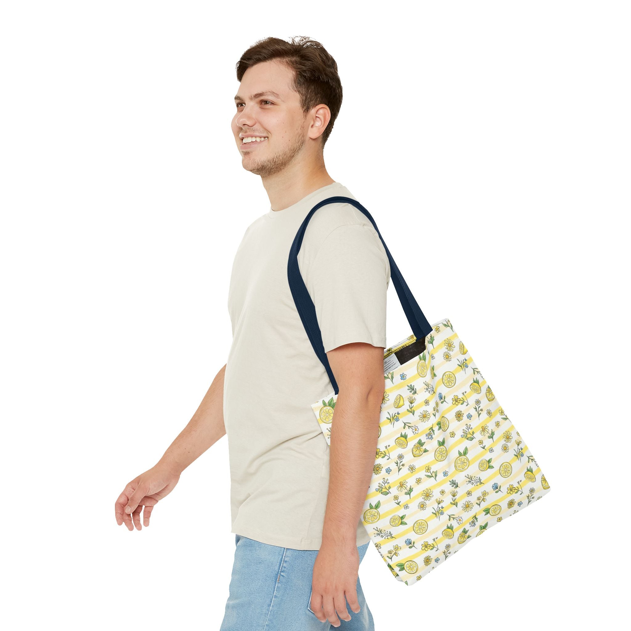 Lemon Stripe Pattern Tote Bag | Citrus Floral All-Over Print