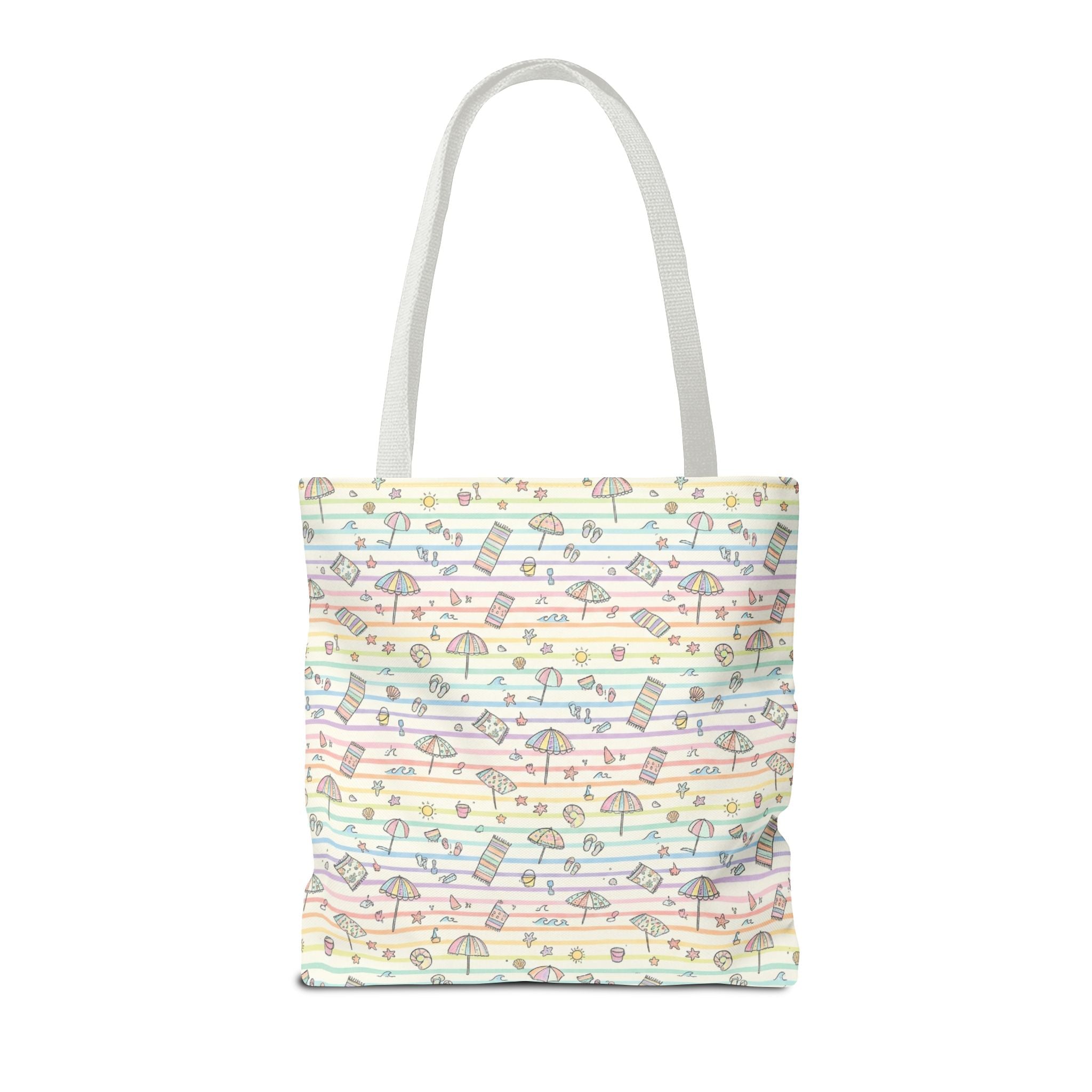 Pastel Beach Pattern Tote Bag | Seashells, Umbrellas, Flip Flops