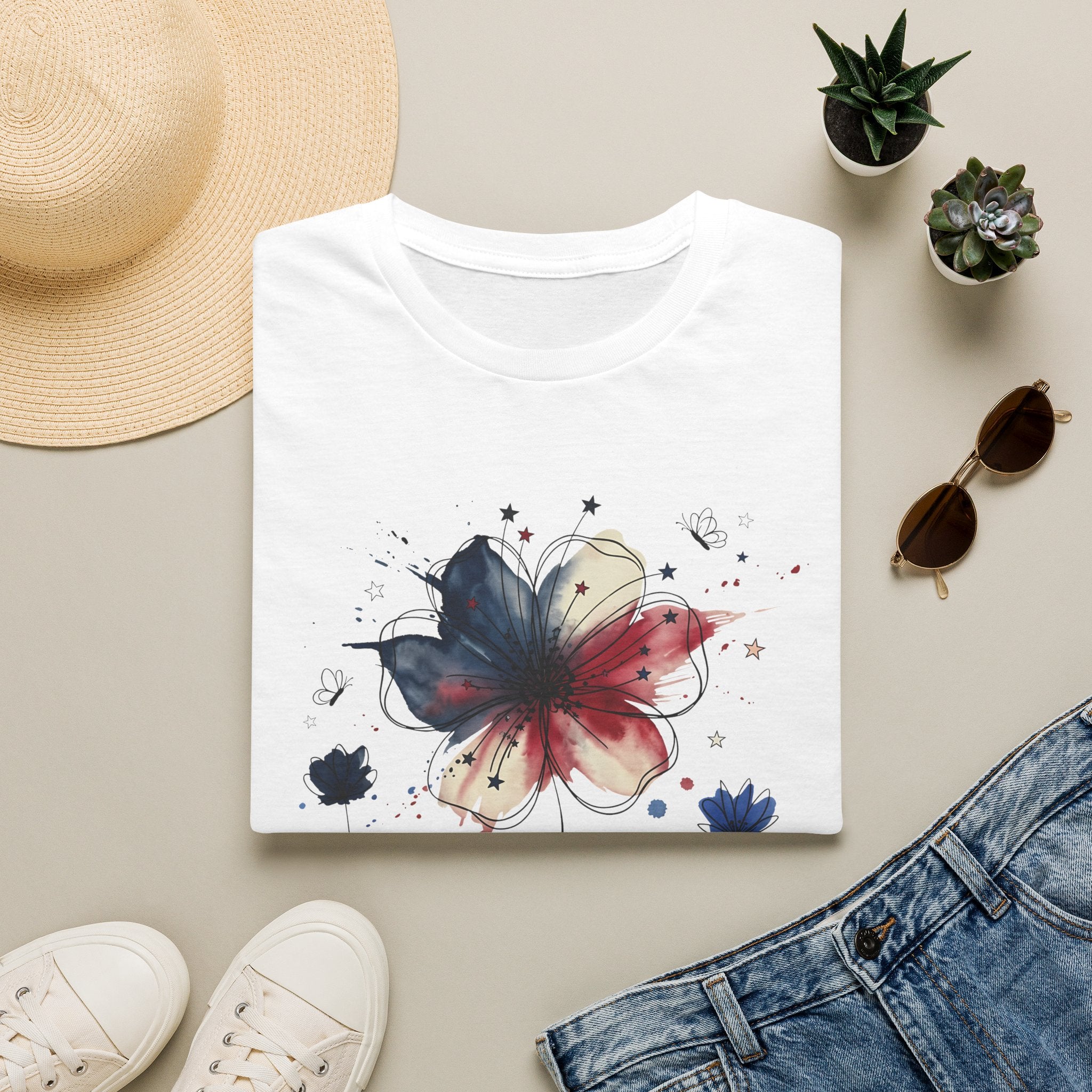 July 4th Shirt | Patriotic Watercolor Flower T-Shirt | Red White Blue Floral Tee