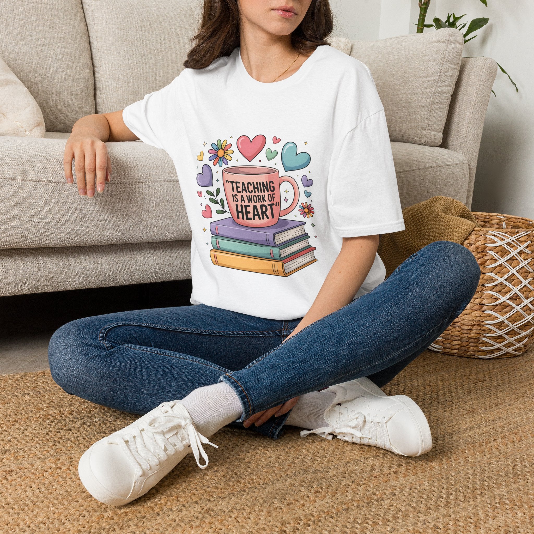 Teaching Is a Work of Heart T-Shirt | Teacher Mug and Books Design