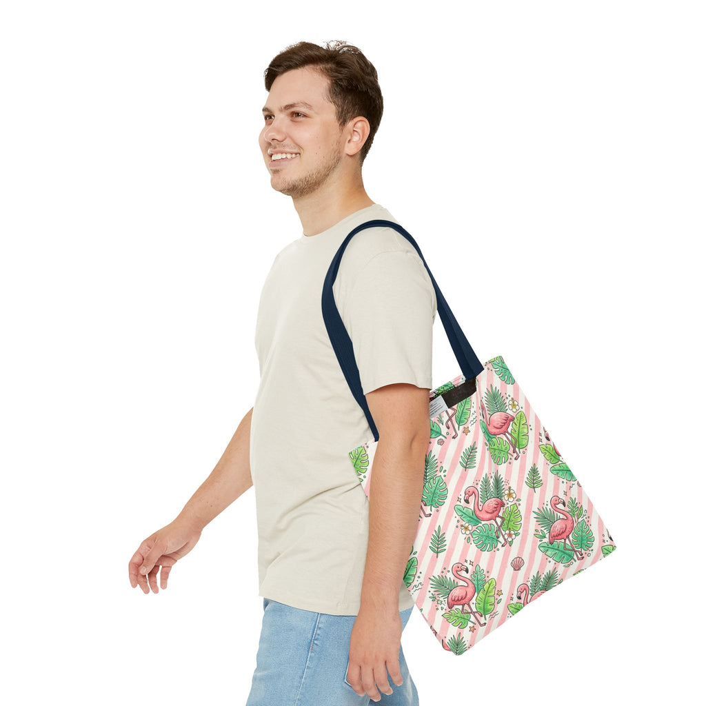 Pink Flamingo Pattern Tote Bag | Tropical Leaves Striped All-Over Print