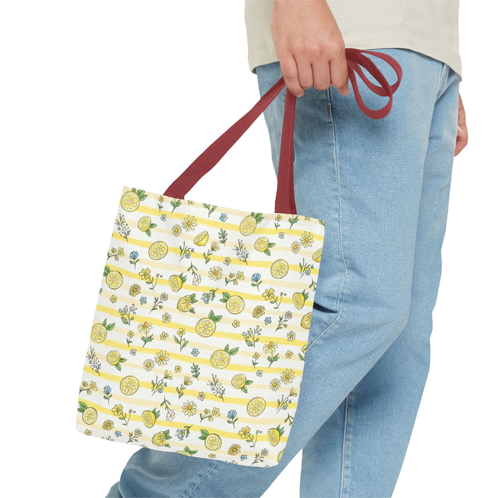 Lemon Stripe Pattern Tote Bag | Citrus Floral All-Over Print