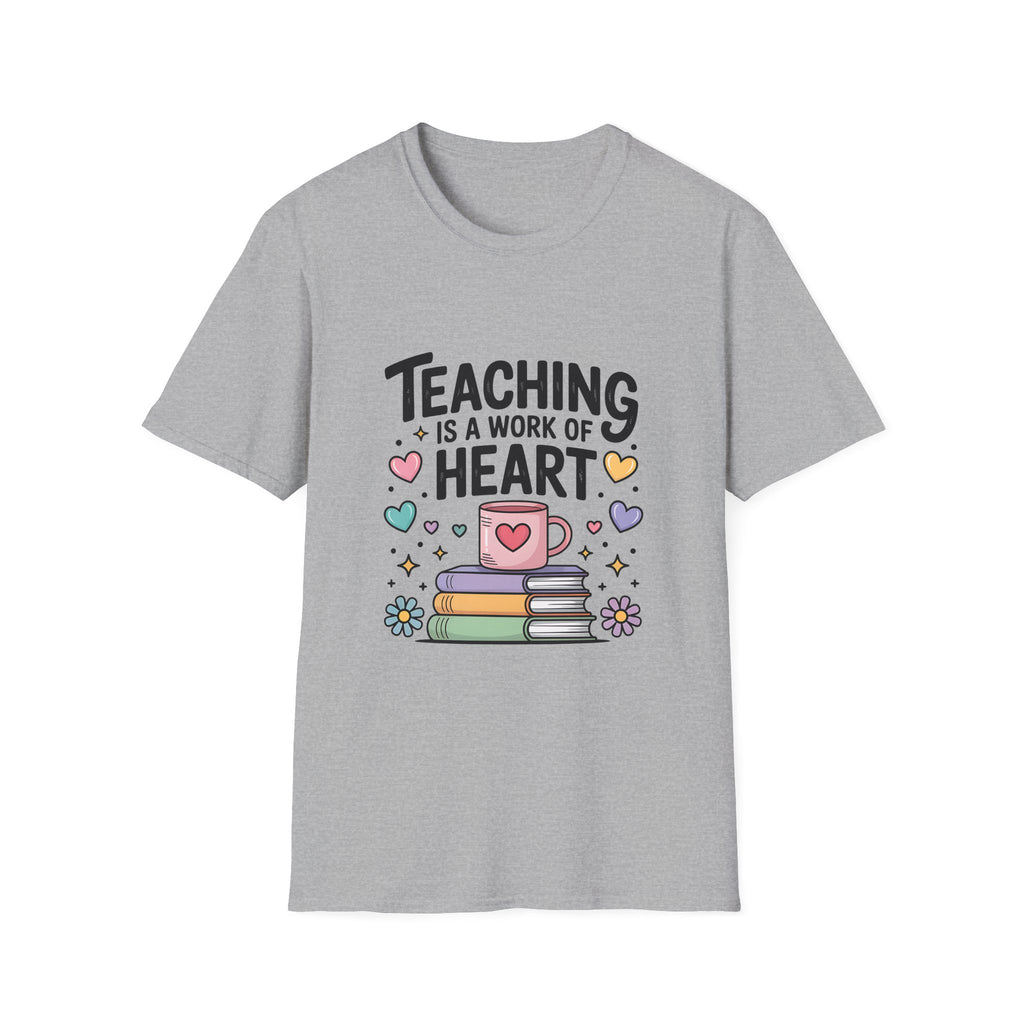 Teaching Is A Work Of Heart T-Shirt | Teacher Mug and Books Illustration
