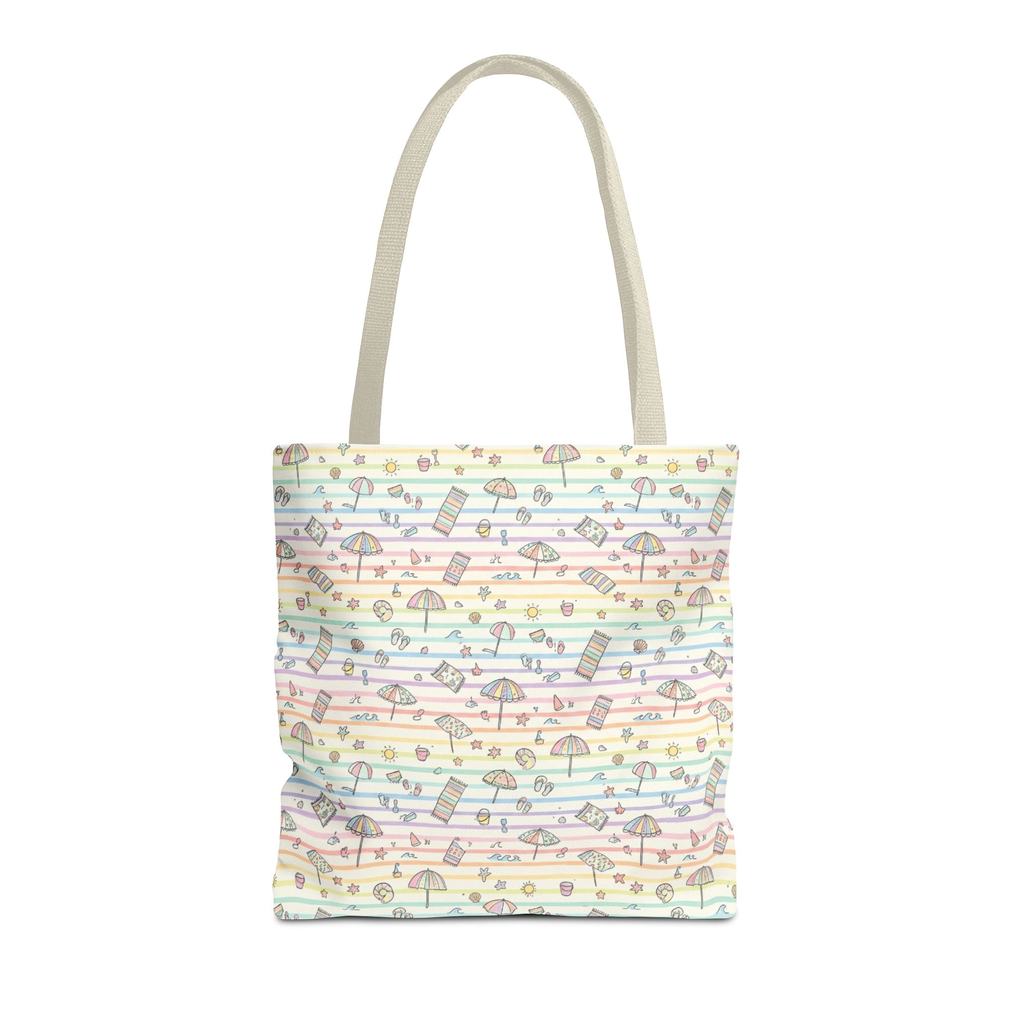 Pastel Beach Pattern Tote Bag | Seashells, Umbrellas, Flip Flops