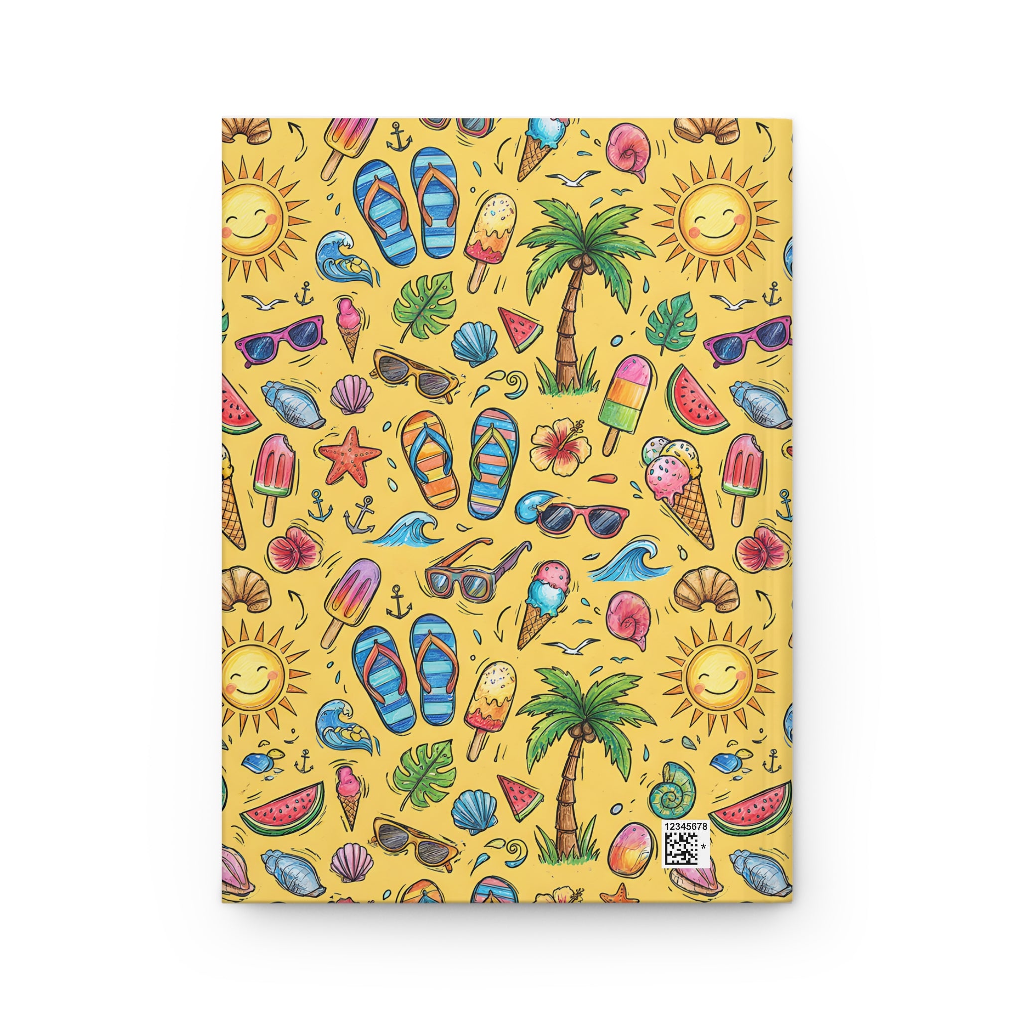 Summer Vibes Hardcover Journal  Beach Pattern Notebook with Sunglasses, Flip Flops & Ice Cream