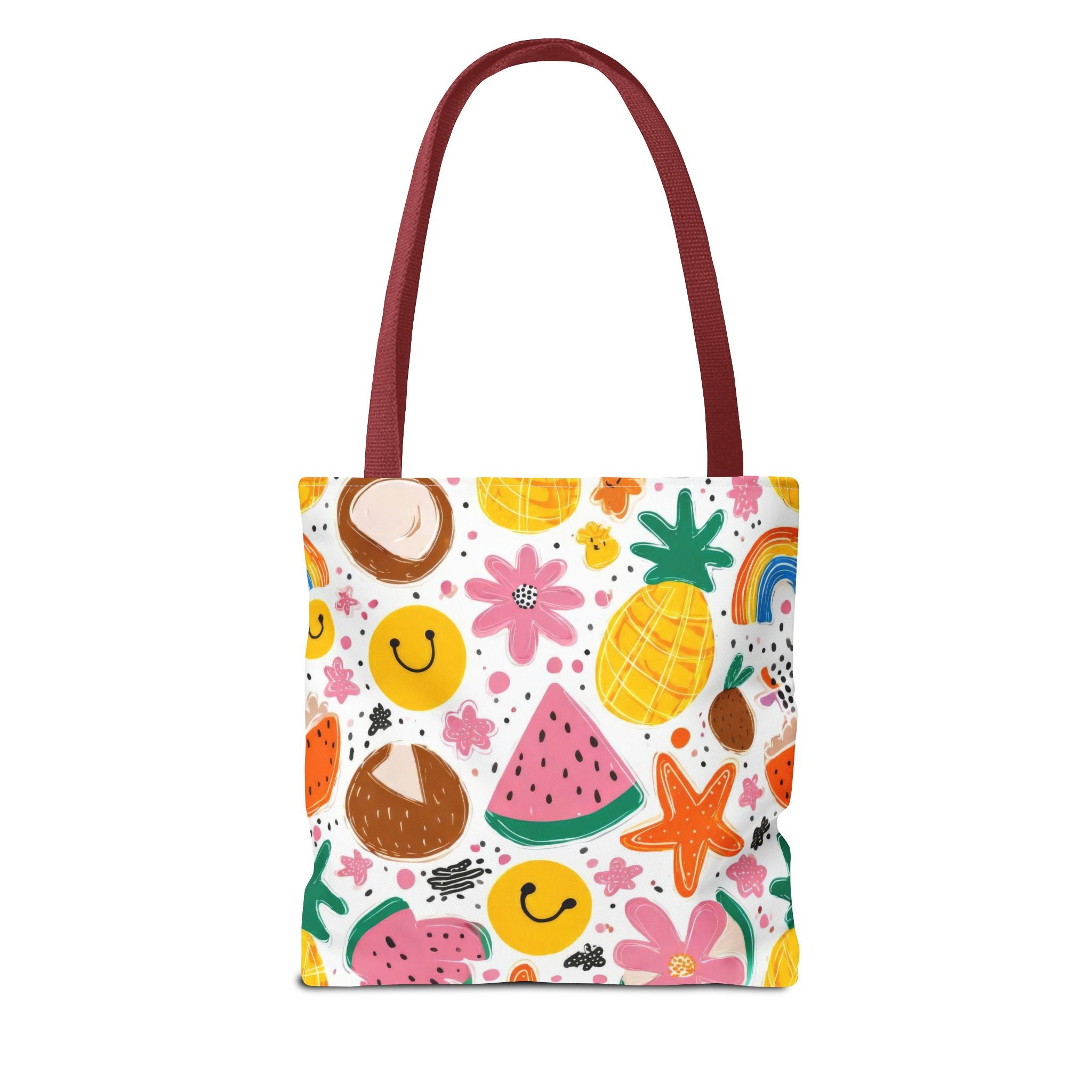 Tropical Fruit Pattern Tote Bag | Pineapple Watermelon Coconut Smiley