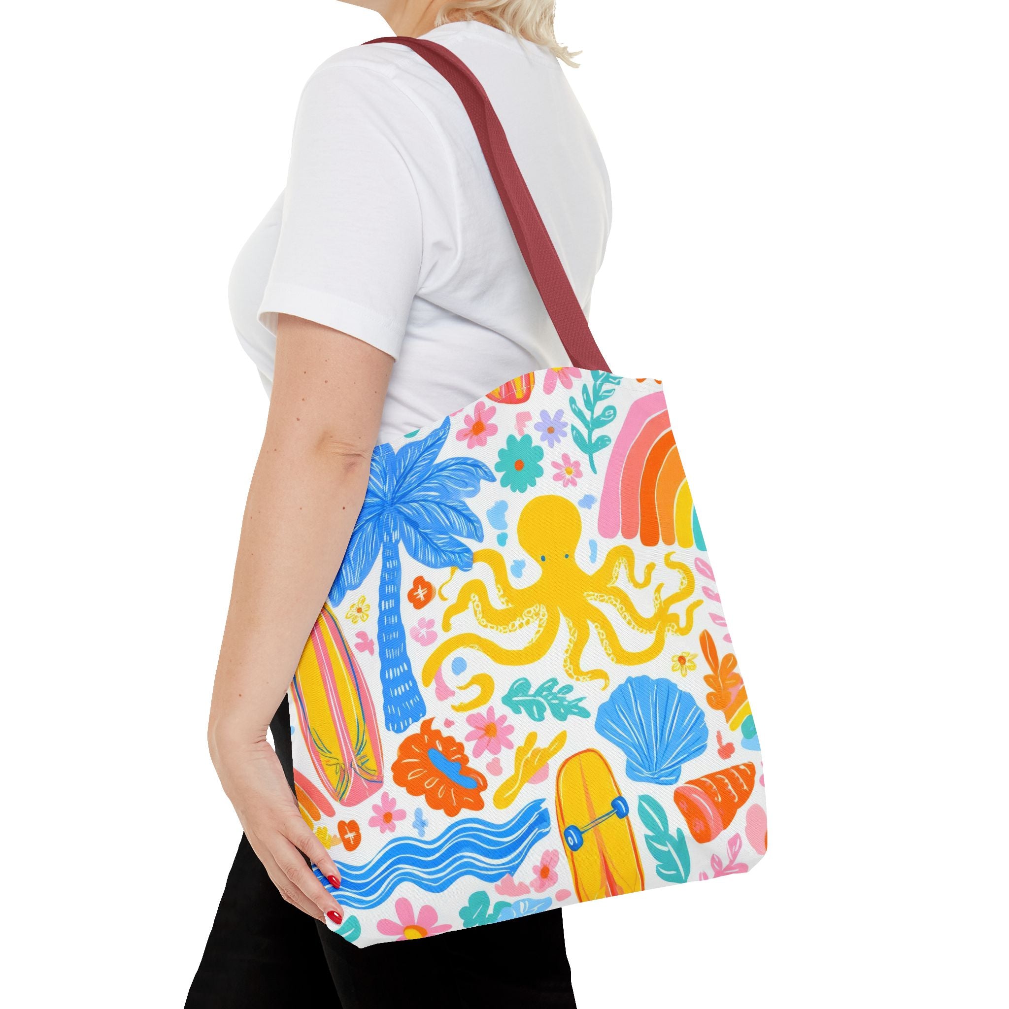 Colorful Beach Octopus Tote Bag | Tropical Palm, Surfboard, Rainbow Print