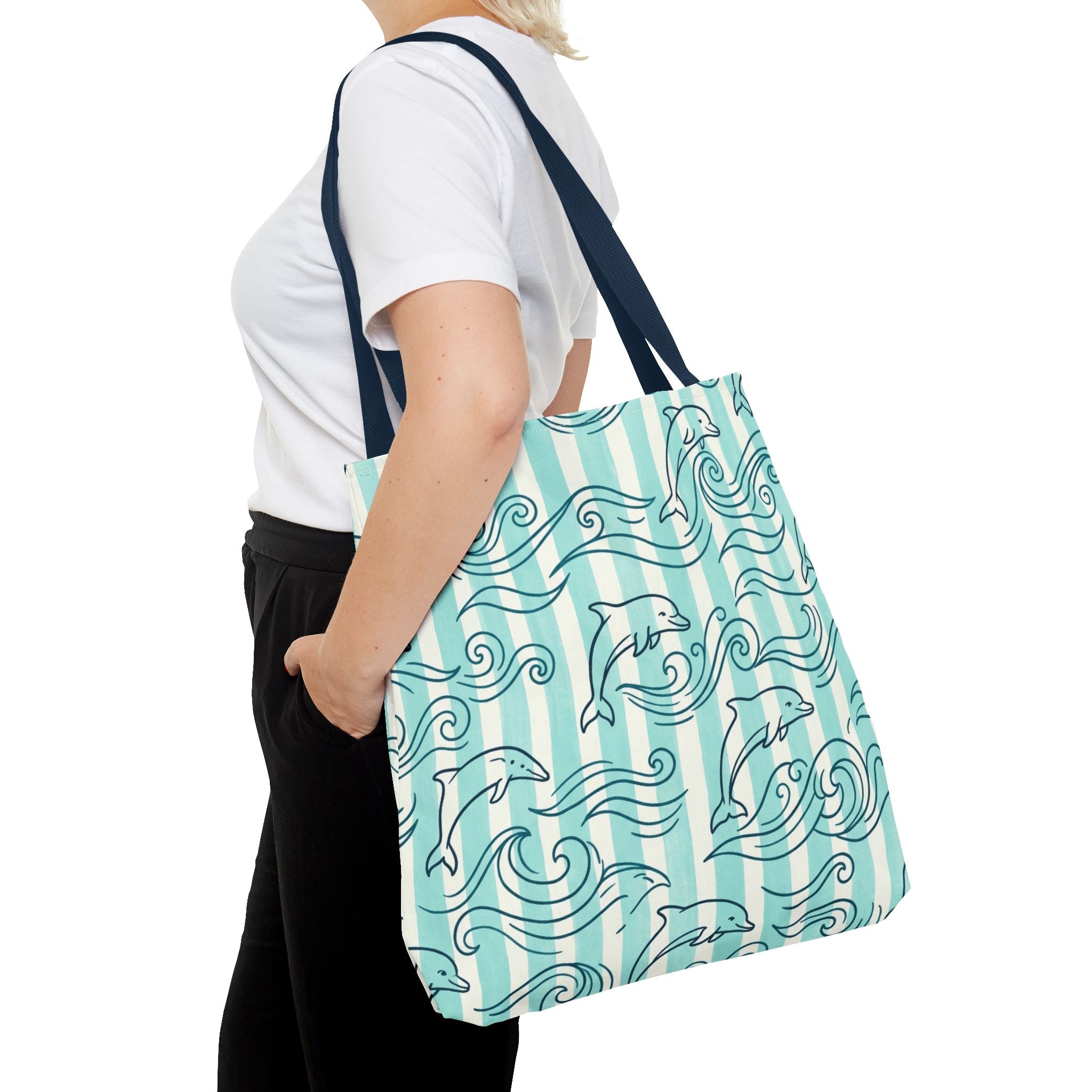 Dolphin Wave Pattern Tote Bag | Aqua Striped Ocean Design