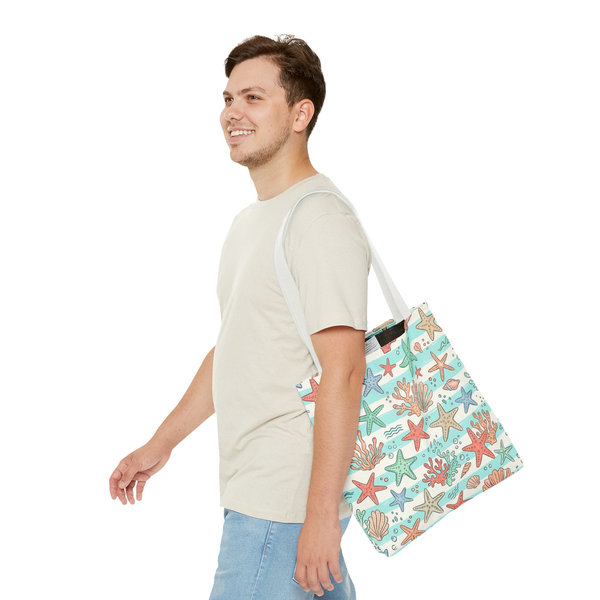 Starfish Coral Pattern Tote Bag | Beach Sea Life Striped Nautical Design