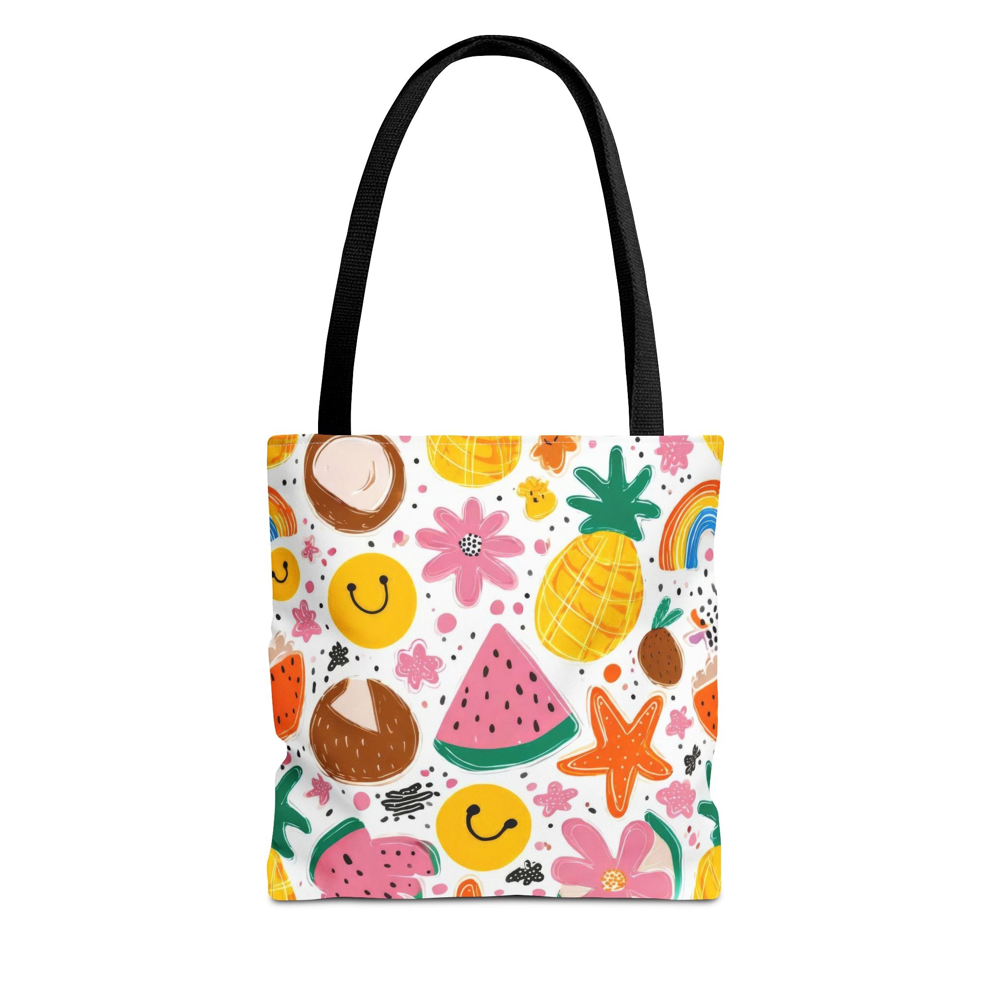 Tropical Fruit Pattern Tote Bag | Pineapple Watermelon Coconut Smiley