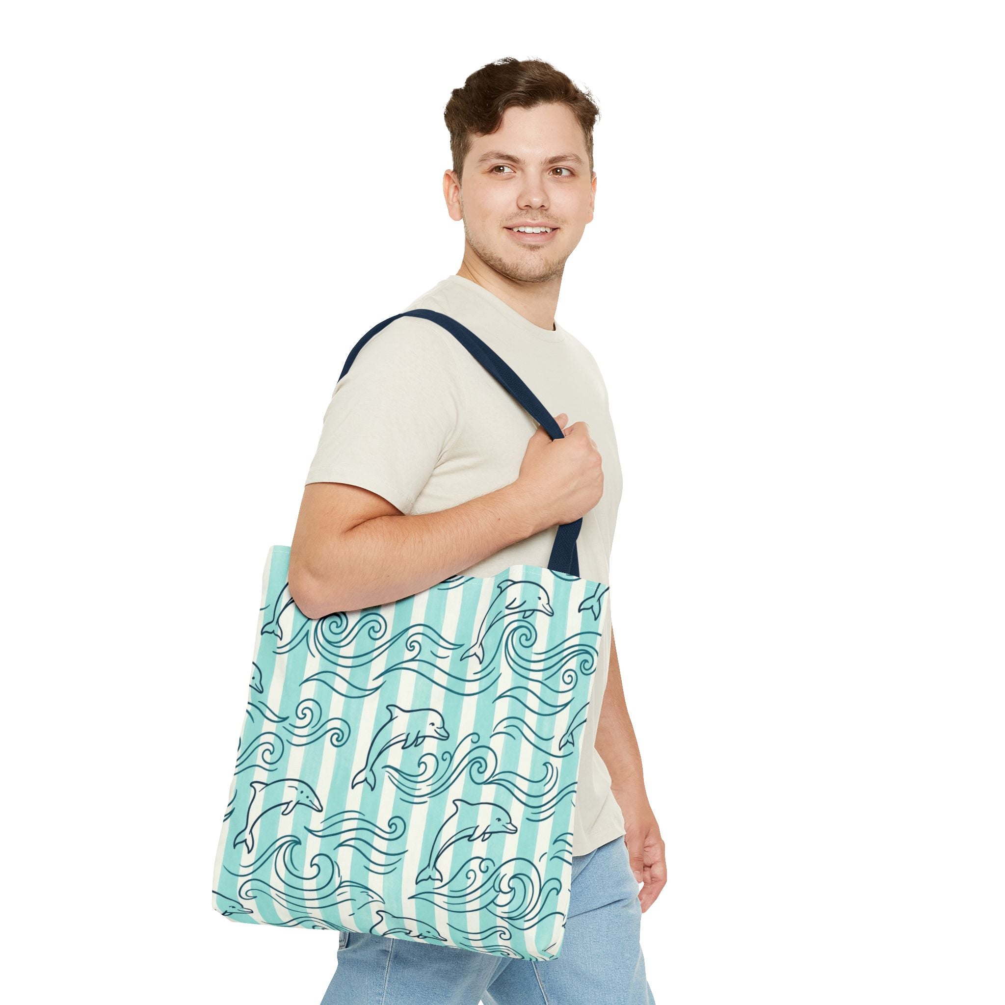 Dolphin Wave Pattern Tote Bag | Aqua Striped Ocean Design