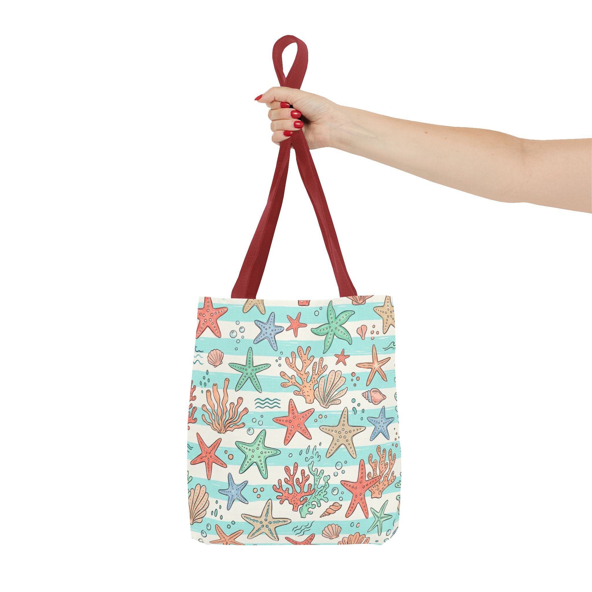 Starfish Coral Pattern Tote Bag | Beach Sea Life Striped Nautical Design