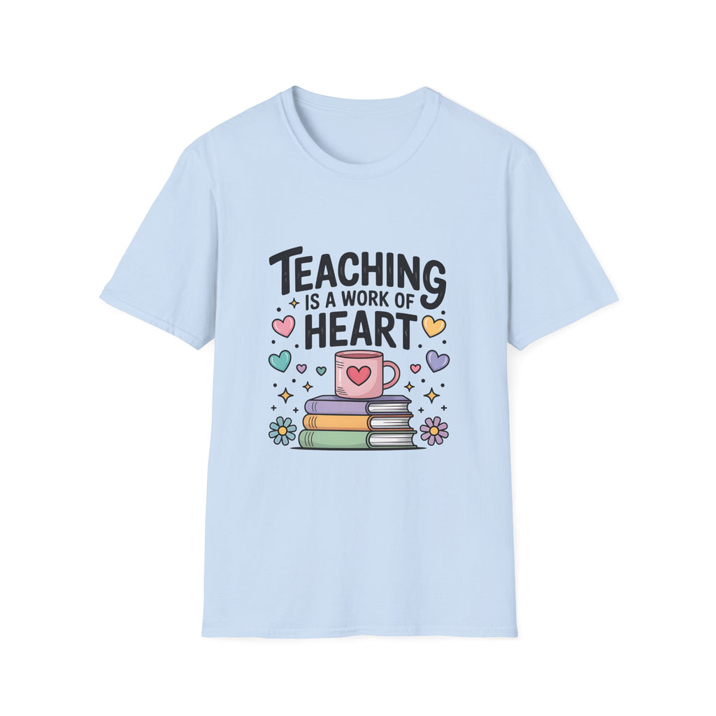 Teaching Is A Work Of Heart T-Shirt | Teacher Mug and Books Illustration